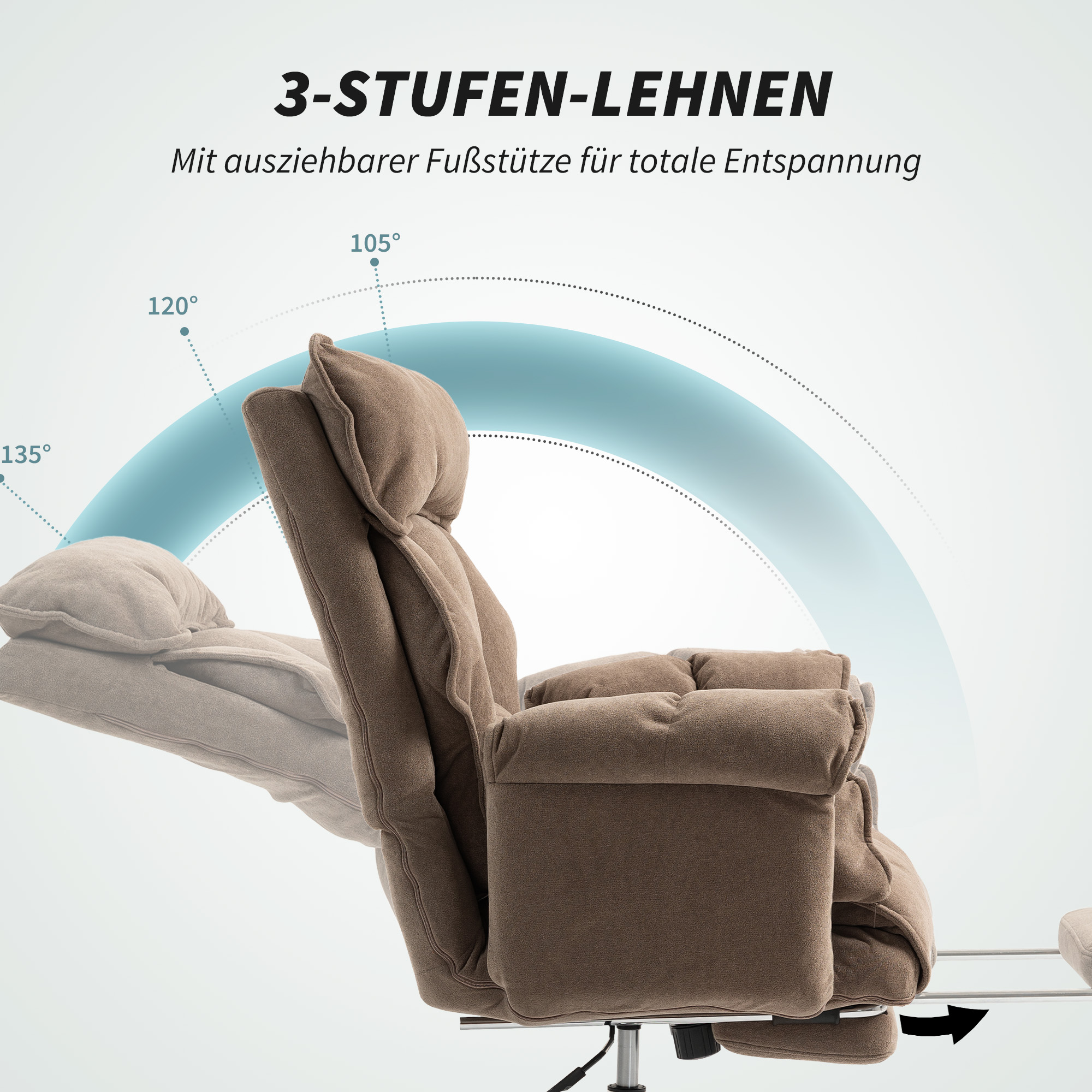 ergonomischer Bürostuhl, neigbare Rückenlehne, Fußstütze, weicher Stoff, Hellbraun