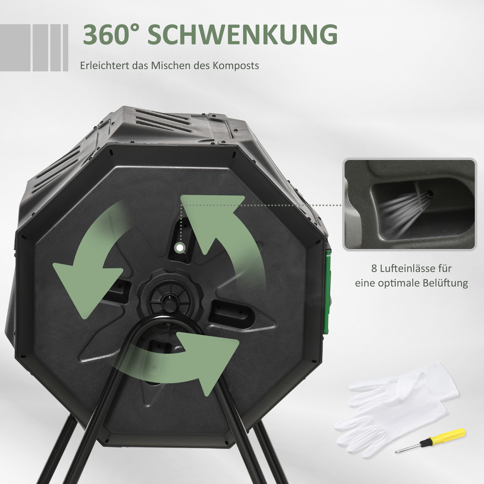 Kompostbehälter mit 2 Behältern, 160 L Fassungsvermögen, drehbar, 71 cm x 65 cm x 96 cm, Grün + Schwarz