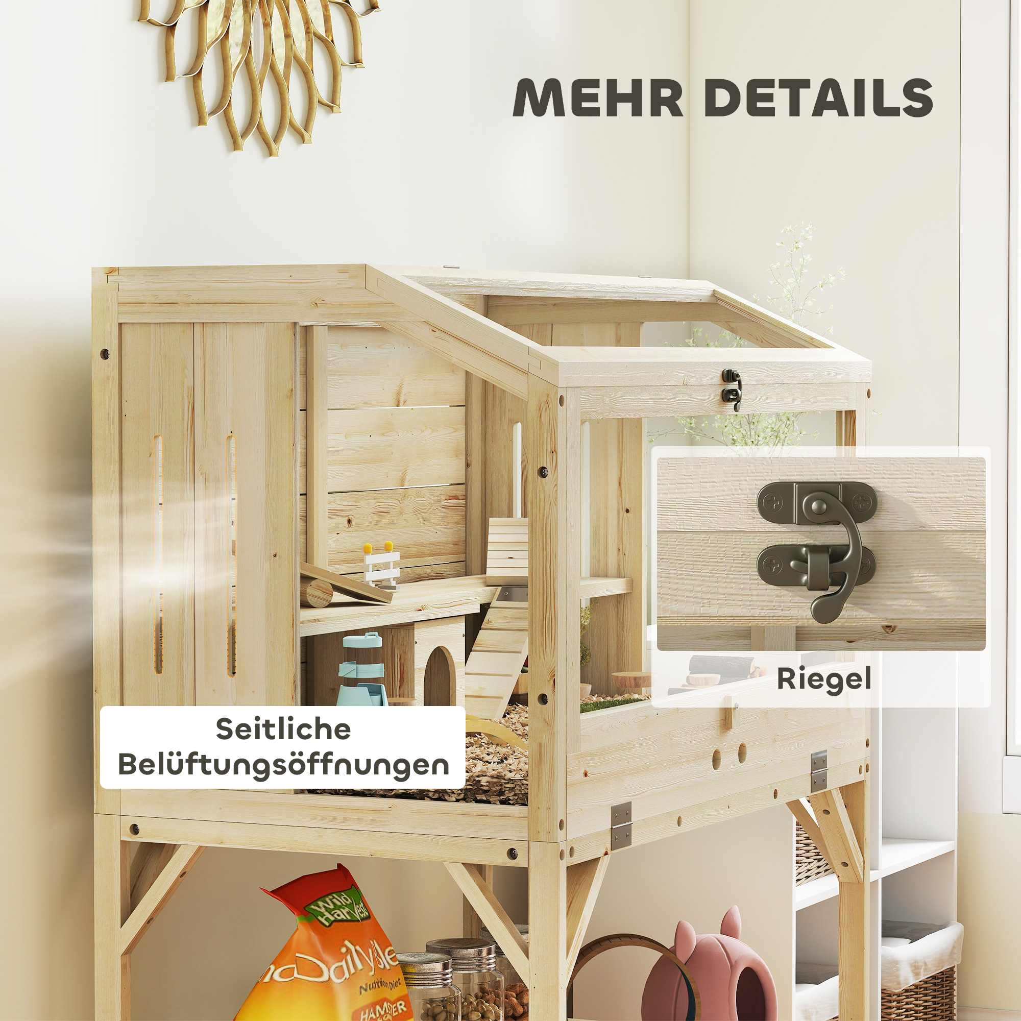Hamsterkäfig, 2 Ebenen, Kleintierkäfig mit Aufbewahrungsfach, Zubehör, 84 x 53 x 110 cm, Naturholz