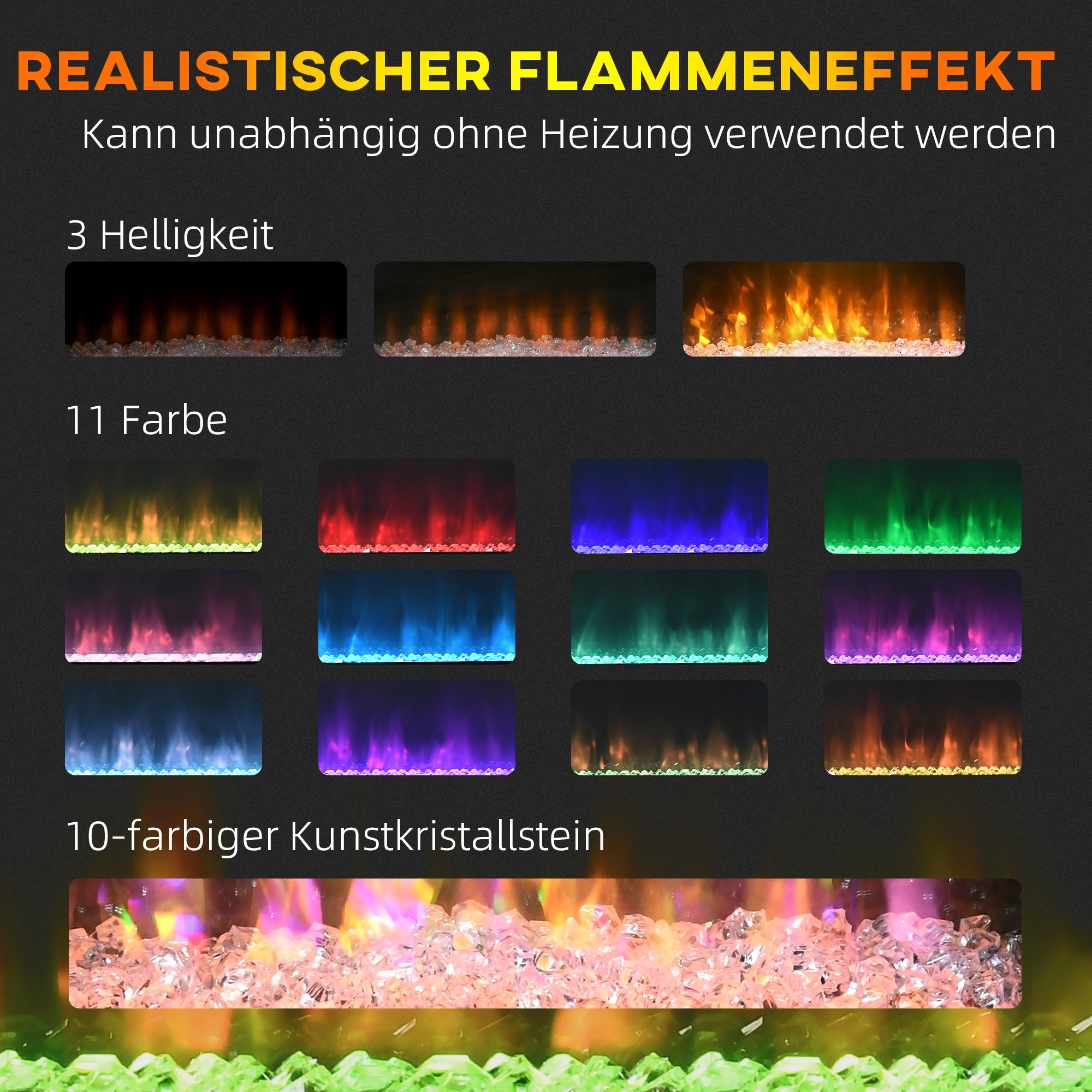 Elektrokamin, Wandkamin mit Heizung 2000 W, LED 3D-Flammeneffekt, Kristalle, in 11 Farben mit 3 Helligkeitsstufen, Elektrischer Kamin mit Fernbedienung, Timer, Wandmontage, Weiß