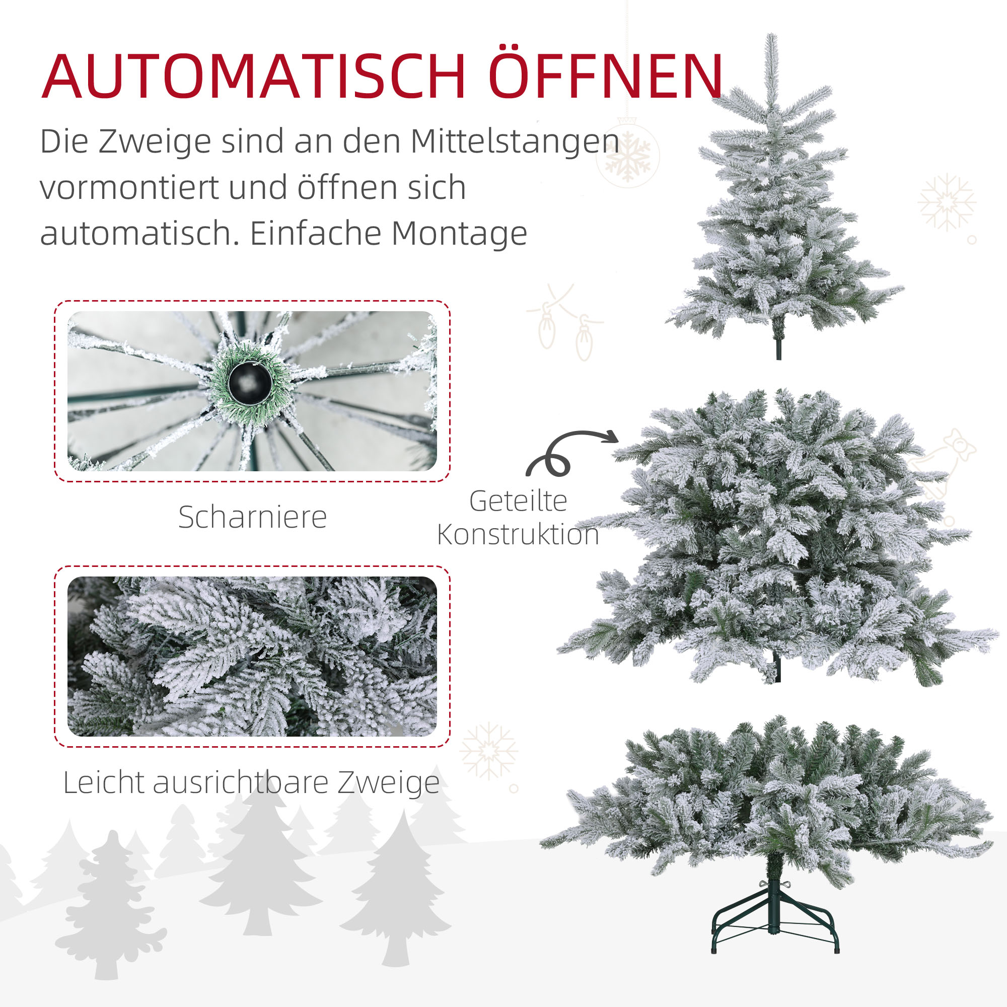 Weihnachtsbaum 180 cm, mit Kunstschnee, flammhemmend, schneller Auf- und Abbau, Metallbasis