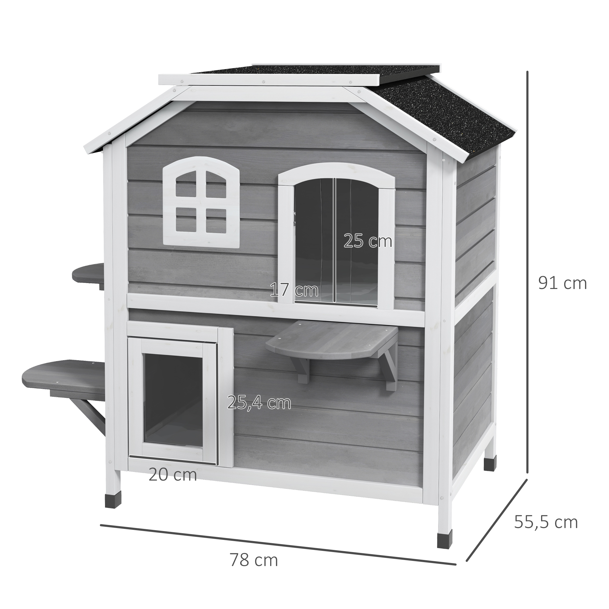Katzenhaus aus Holz 2-Etagen Winterfest wasserdicht Katzenhütte mit Asphaltdach klappbarem Deckel Treppe Katzenhöhle Outdoor Schutzhütte für Draußen Garten Balkon 78 x 55,5 x 91 cm Grau