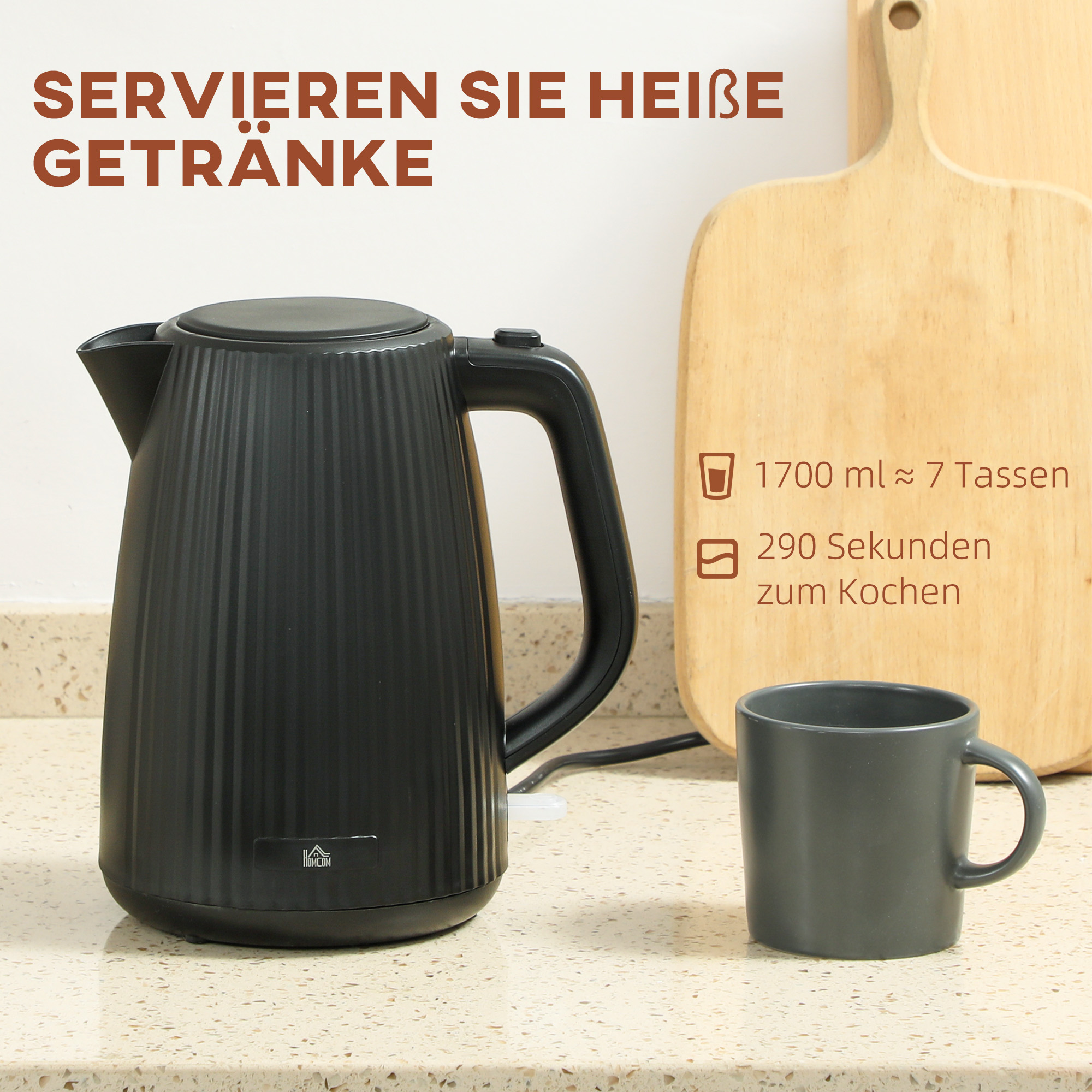 Wasserkocher, 1,7L, Schnellkochfunktion, 2200W, mit herausnehmbarem Kalkfilter, Abschaltautomatik, Schwarz