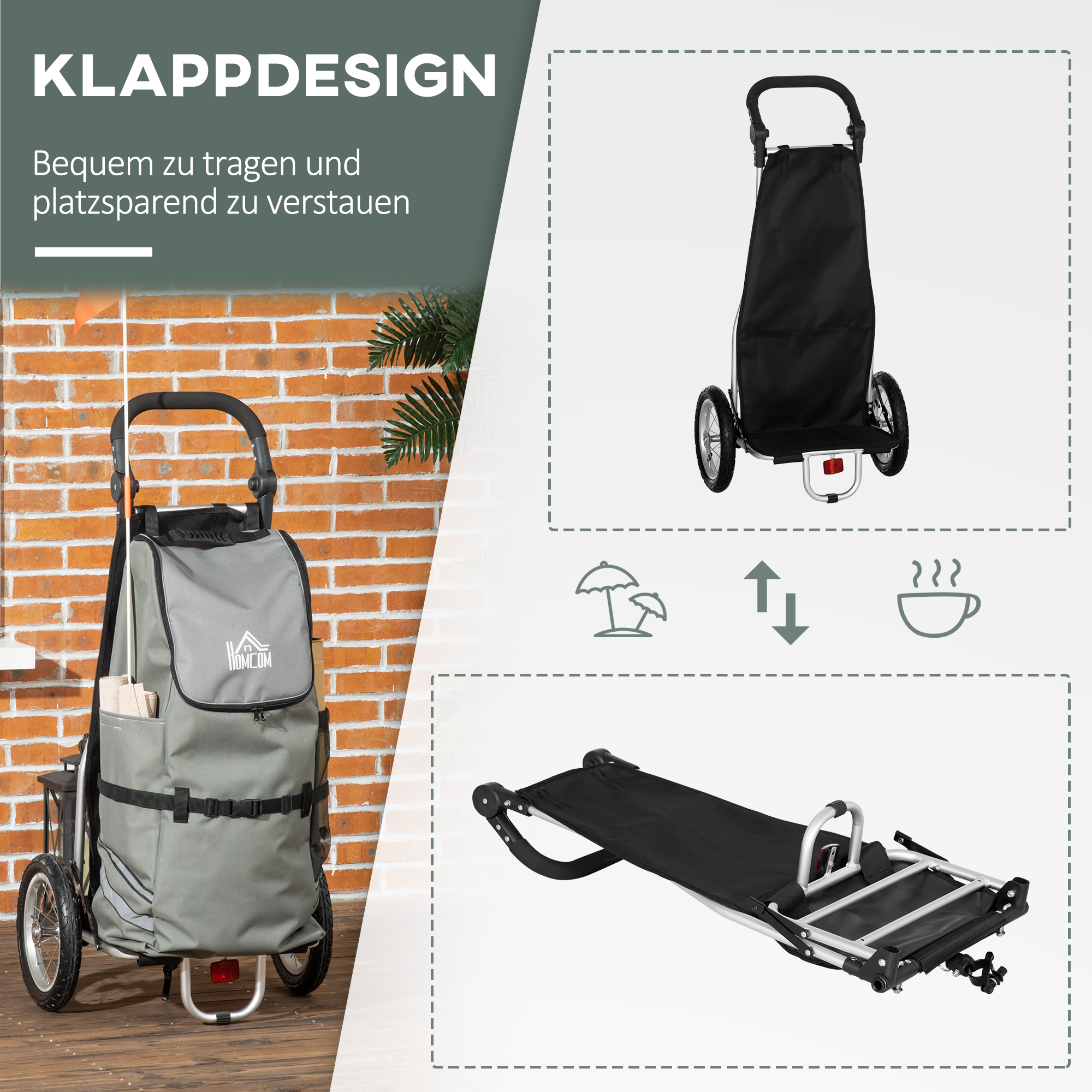 3-in-1 Einkaufstrolley Einkaufswagen Fahrradanhänger Sackkarre, 53 x 43 x 110cm , Grau+Silber