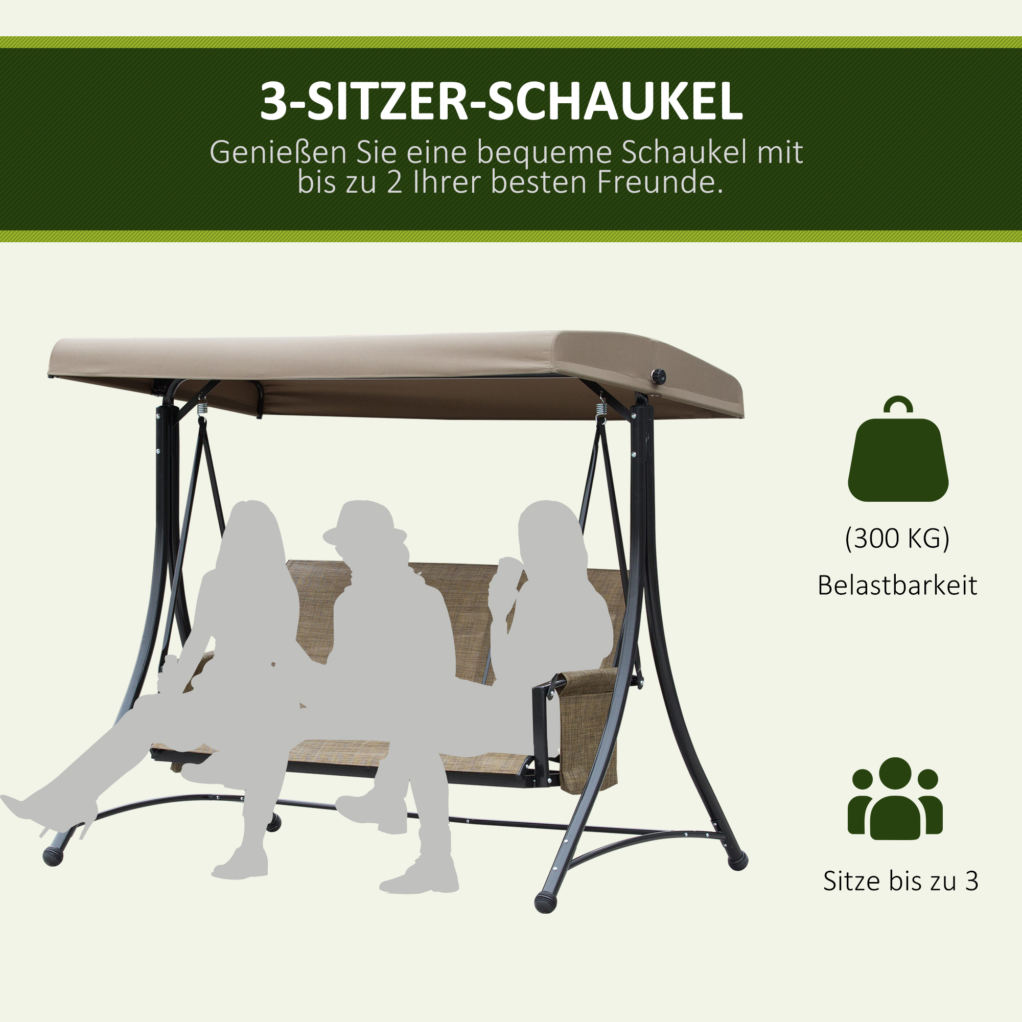 3-Sitzer Hollywoodschaukel, Gartenschaukel mit Sonnendach, Schaukelbank mit Ablage, Aluminium, 196 x 128 x 172 cm, Braun