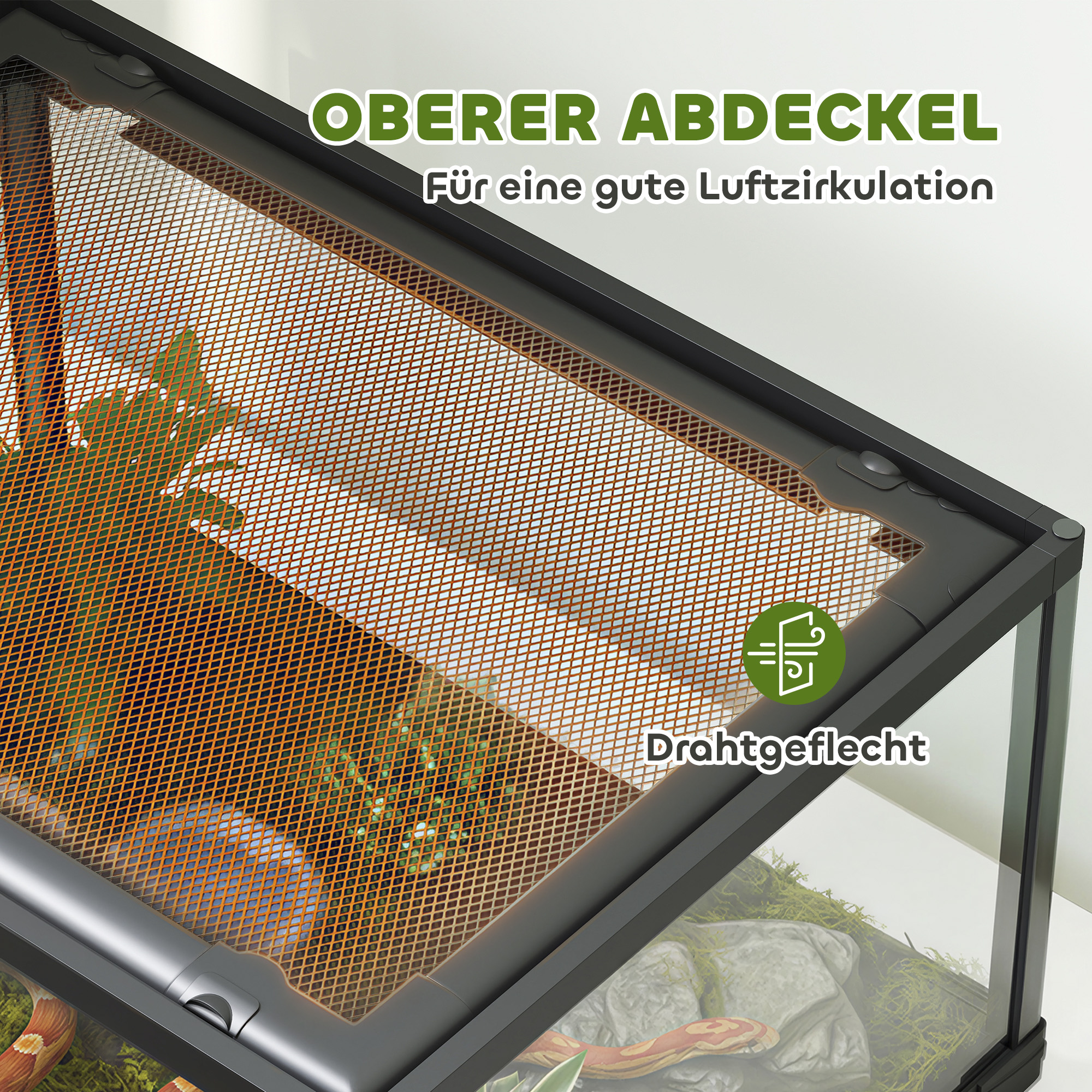 Reptilien-Terrarium, 86 Liter Vivarium mit Schiebetür, verschließbar, für Echsen, Insekten, Spinnen, Geckos, 60 x 45 x 32 cm, Schwarz
