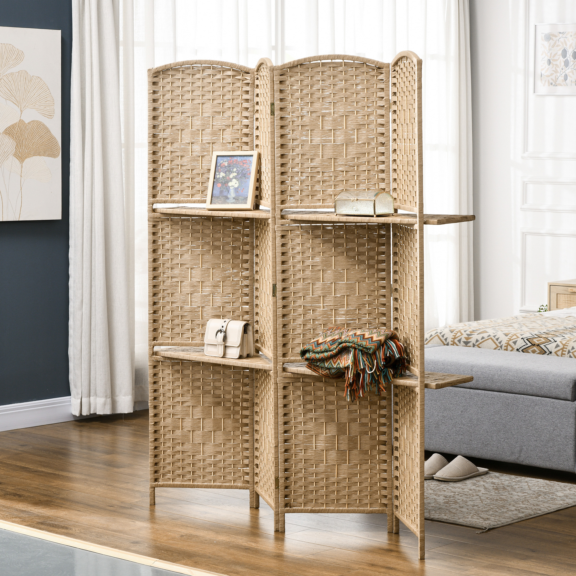 4-teiliger Paravent, 160 x 170 cm, faltbare Trennwand mit 2 Regalen, Naturholz