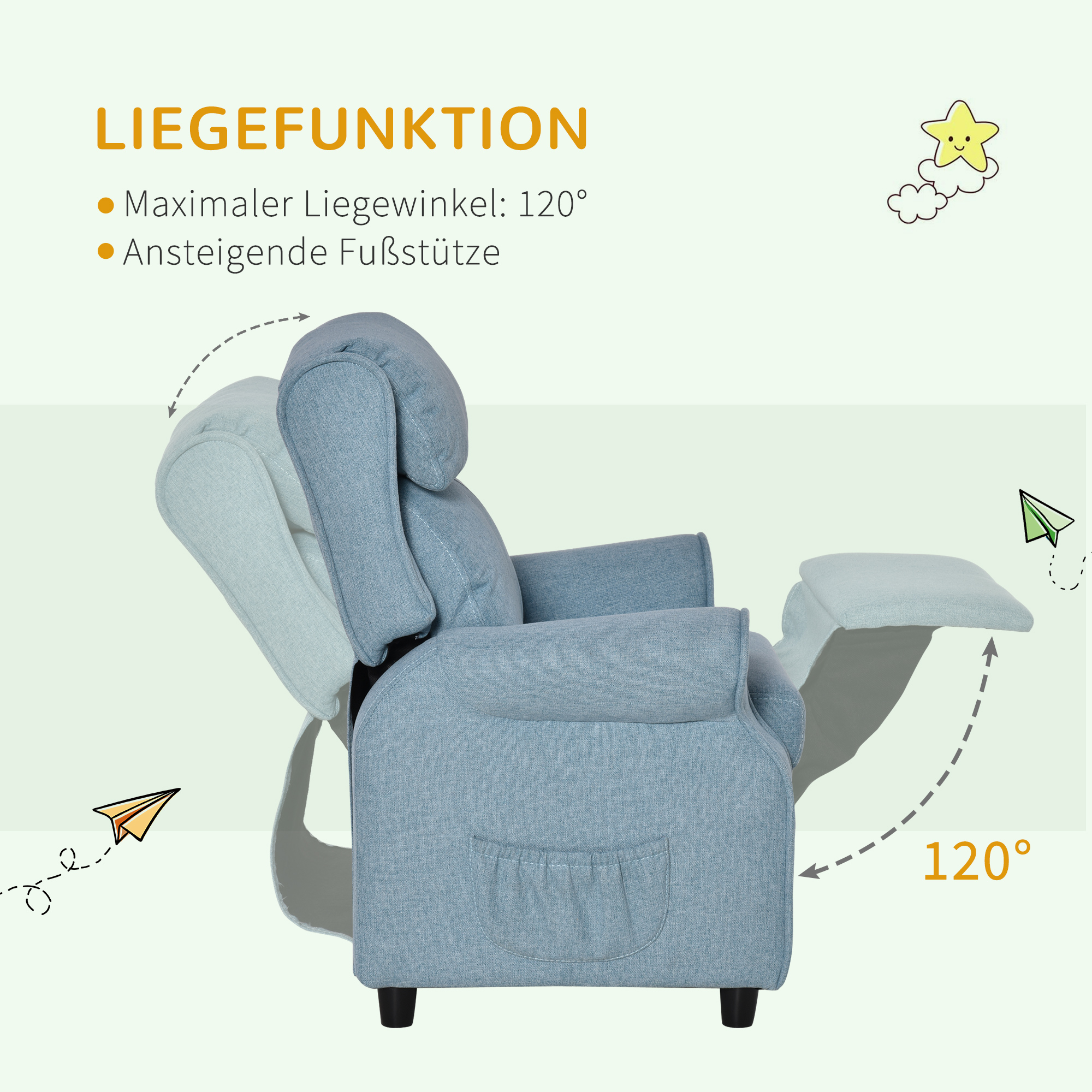Kindersofa Kindercouch Kindersessel Stuhl Liegesofa verstellbar mit Fußstütze für 3-5 Jahre Jungen und Mädchen Blau 58 x 53 x 70 cm