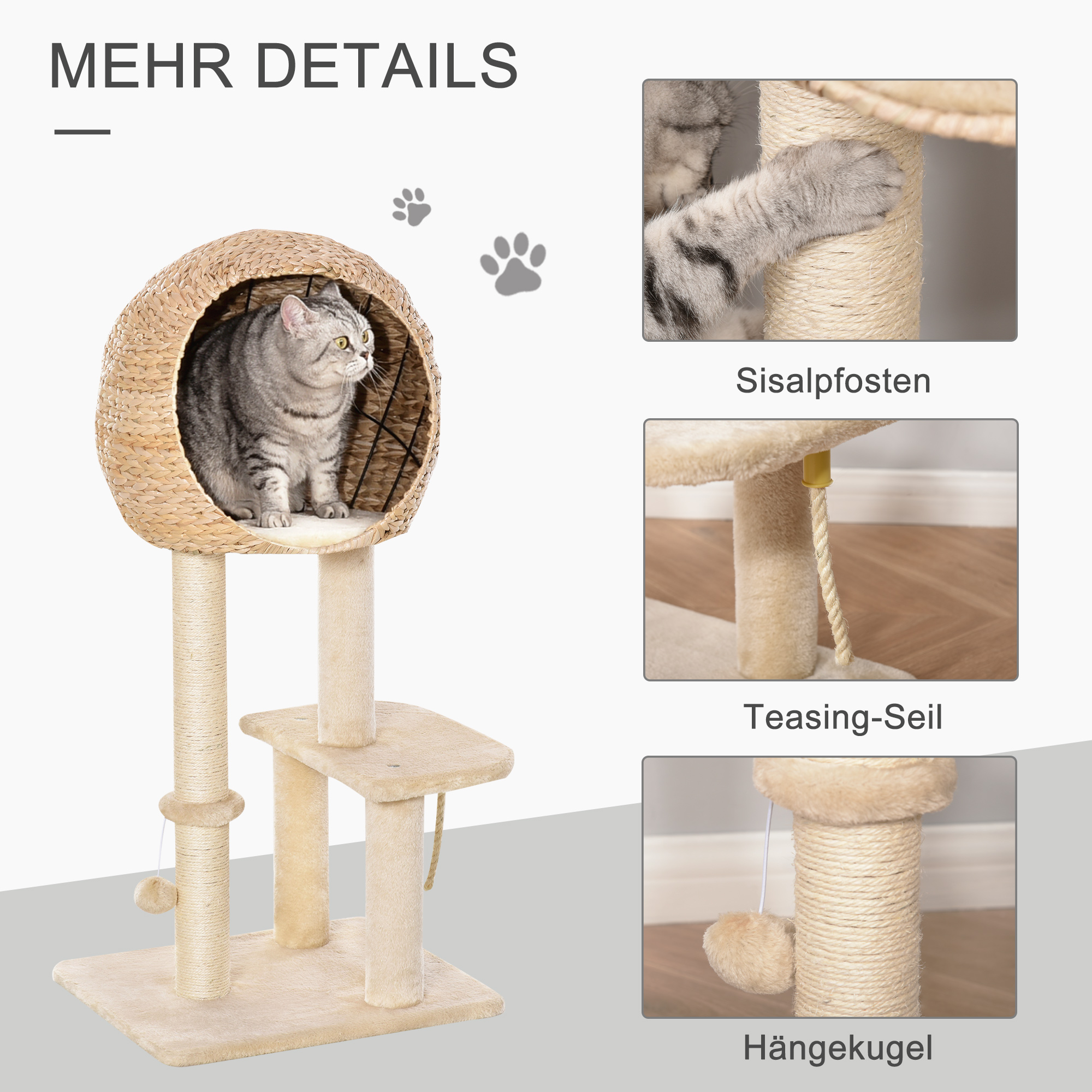 Kratzbaum 100 cm Katzenturm mit Höhle, Spielball, Sisalstämme, Plattform, mehrstöckiger Katzenkratzbaum, Kletterbaum, für mittelgroße Katzen, Beige