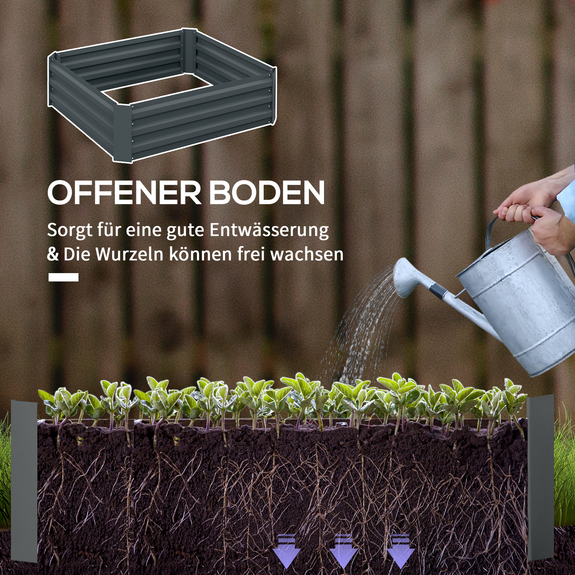 2er Set Pflanzkasten, Blumenkasten, Blumenkübel für Garten, Terrasse, Verzinkter Stahl, 100 x 100 x 30 cm, Dunkelgrau