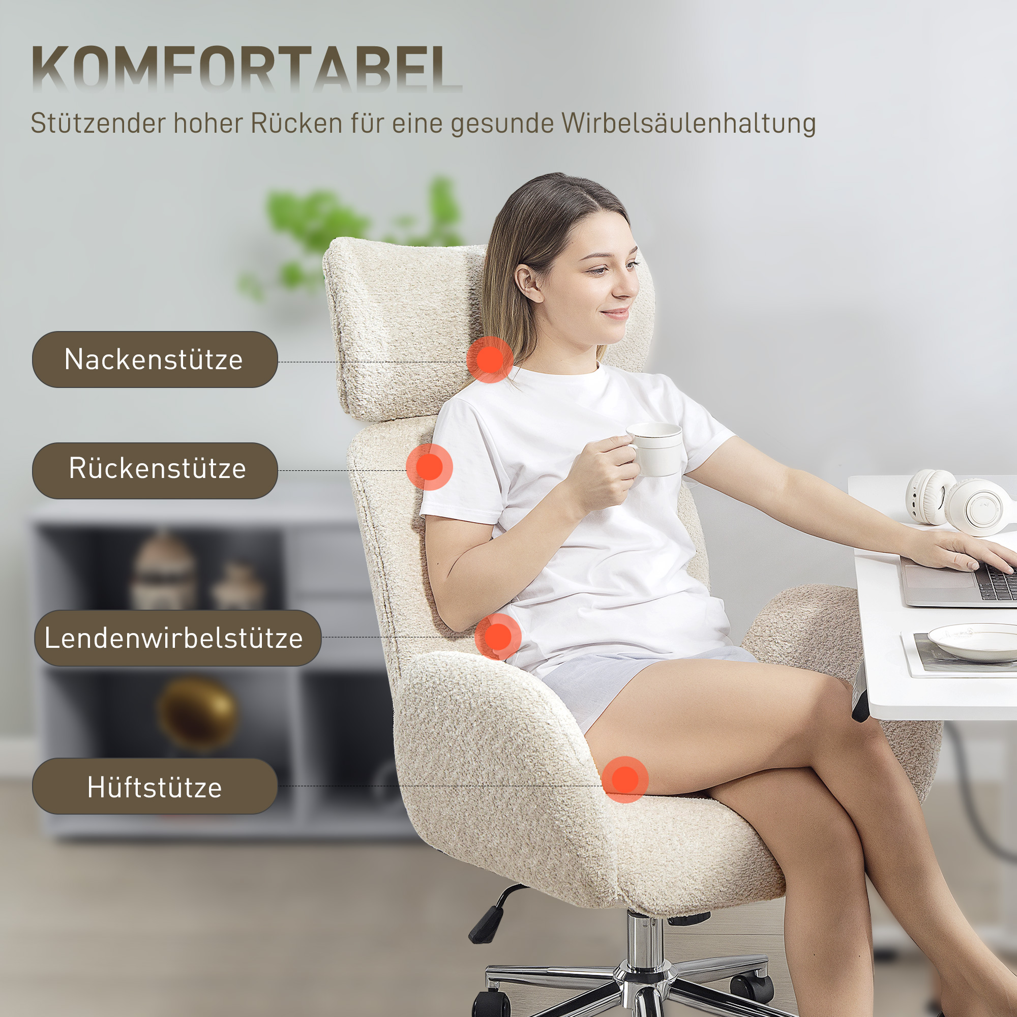 Bürostuhl mit verstellbarer Kopfstütze, ergonomischer Schreibtischstuhl, Kippfunktion, höhenverstellbar, Grauweiß