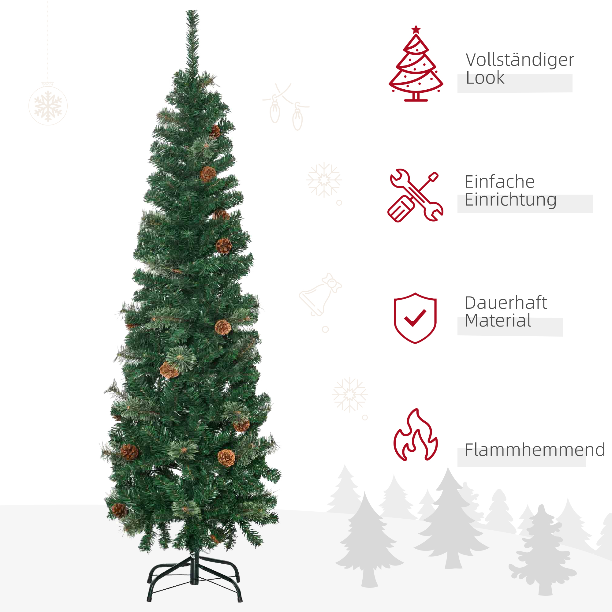 Künstlicher Weihnachtsbaum, schlank, Tannenzapfen, flammenhemmend, 46 x 165 cm, Grün
