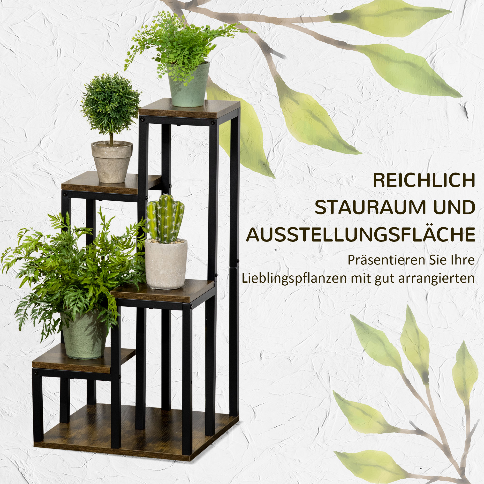 Blumenständer mit 4 Ebenen, 40 cm x 40 cm x 81 cm, Braun