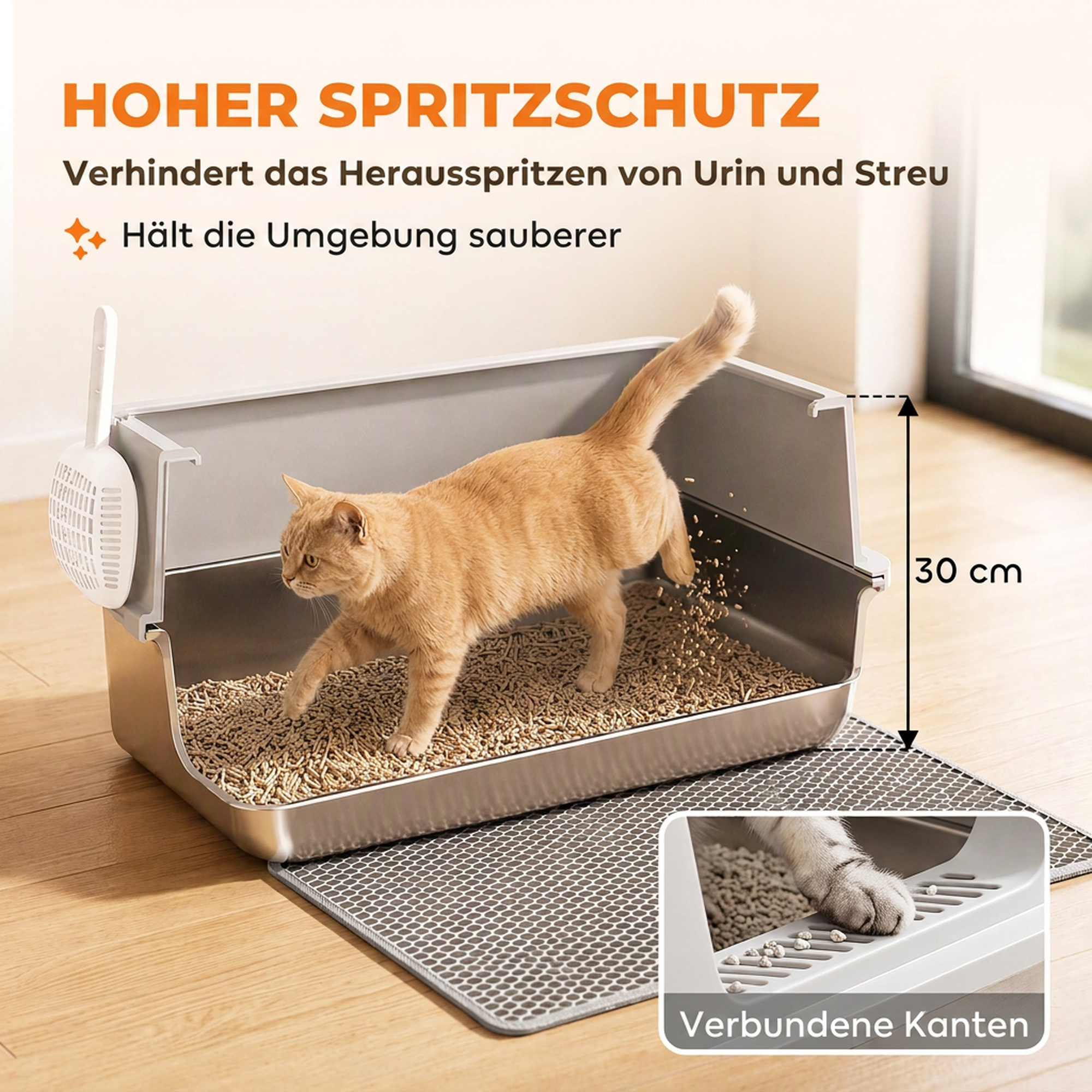 Katzentoilette XL Edelstahl mit Deckel, hohe Seitenwände, Schaufel Bürste Matte für Kätzchen bis 8 kg Hellgrau