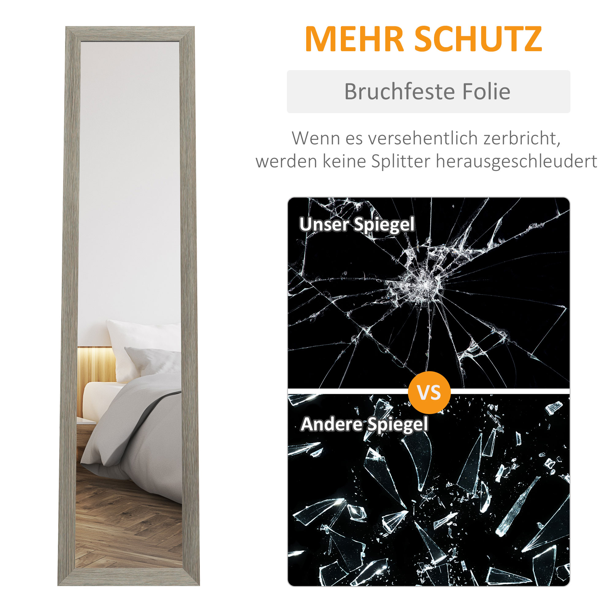 Ganzkörperspiegel, 37 x 157 cm, zum Aufhängen oder Aufstellen, Rechteckiger Spiegel für Wohnzimmer, Schlafzimmer, Grau
