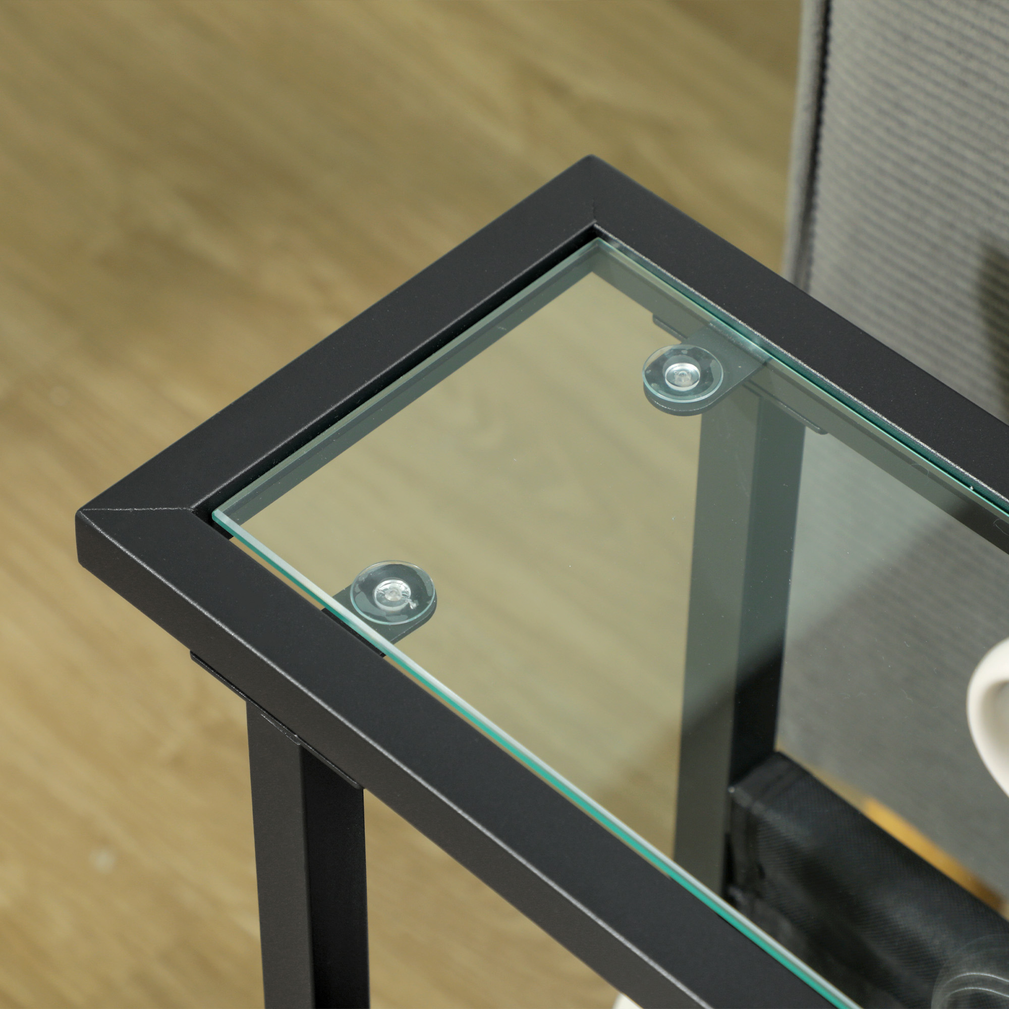 Beistelltisch aus Metall mit Stofftasche und Glasplatte, schmaler Tisch für Wohnzimmer, Schlafzimmer, Schwarz