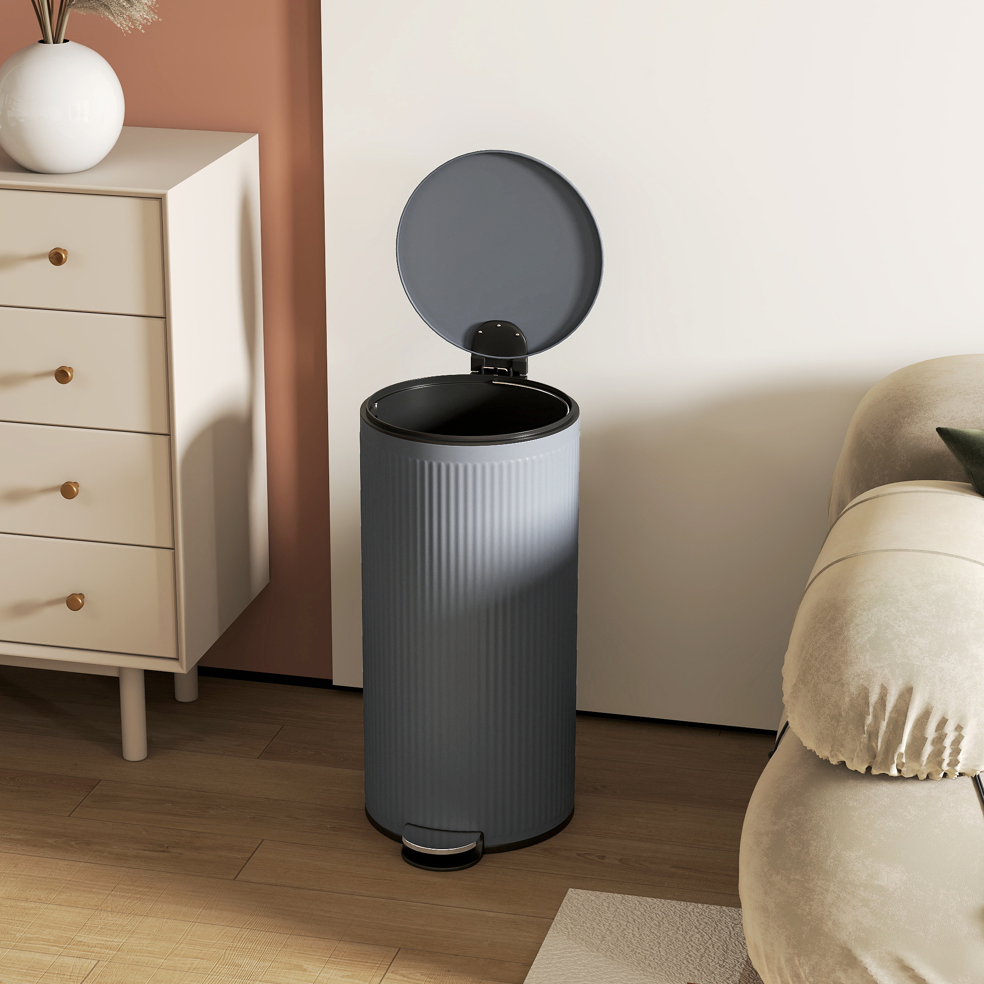 Mülleimer 30L Treteimer mit Softclose-Deckel und Pedal, Inneneimer Metall, Schwarz, 36 x 30 x 60,5 cm