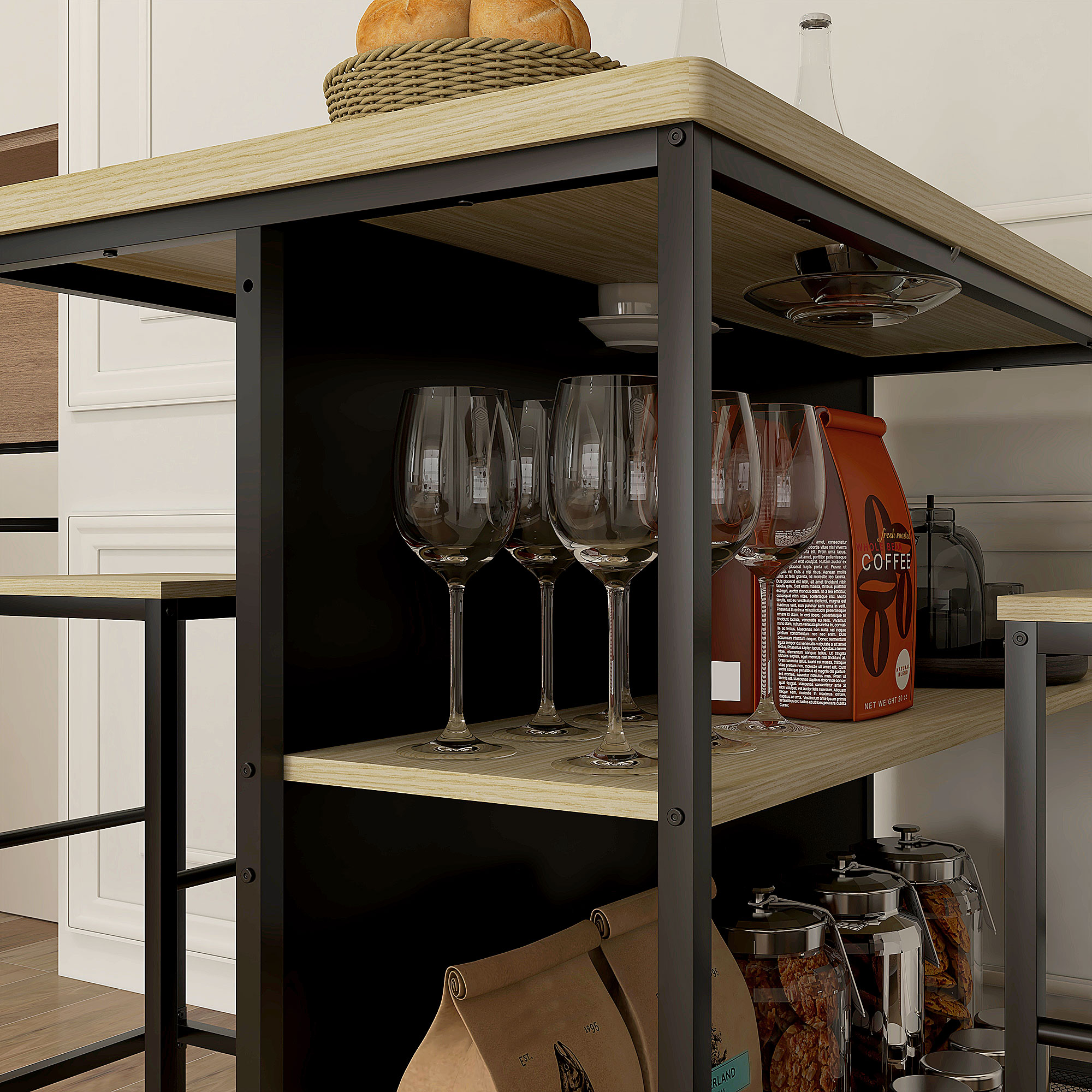 Bar-Set, 2 Barstühle & 1 Bartisch, fleckenresistent, stabil, Stahlrahmen, Schwarz/Eiche