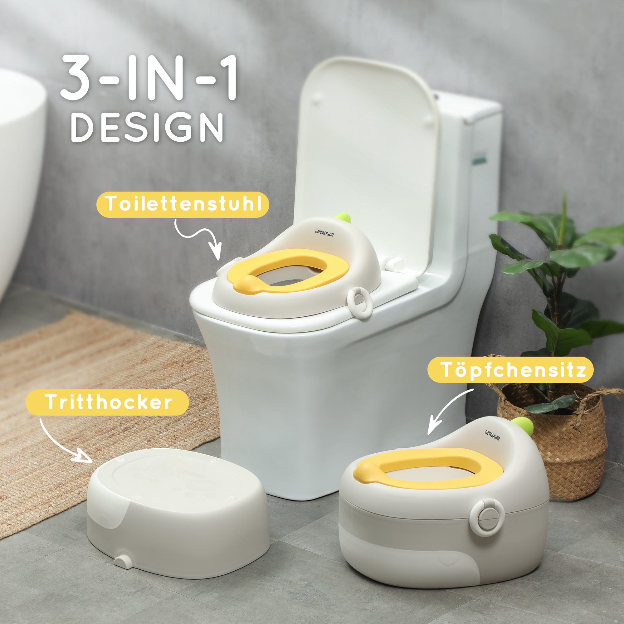 3-in-1 Kinder-Töpfchen, abnehmbarer Sitz, Kunstleder-Polster, bis 50 kg, 6 Monate bis 6 Jahre, Grau
