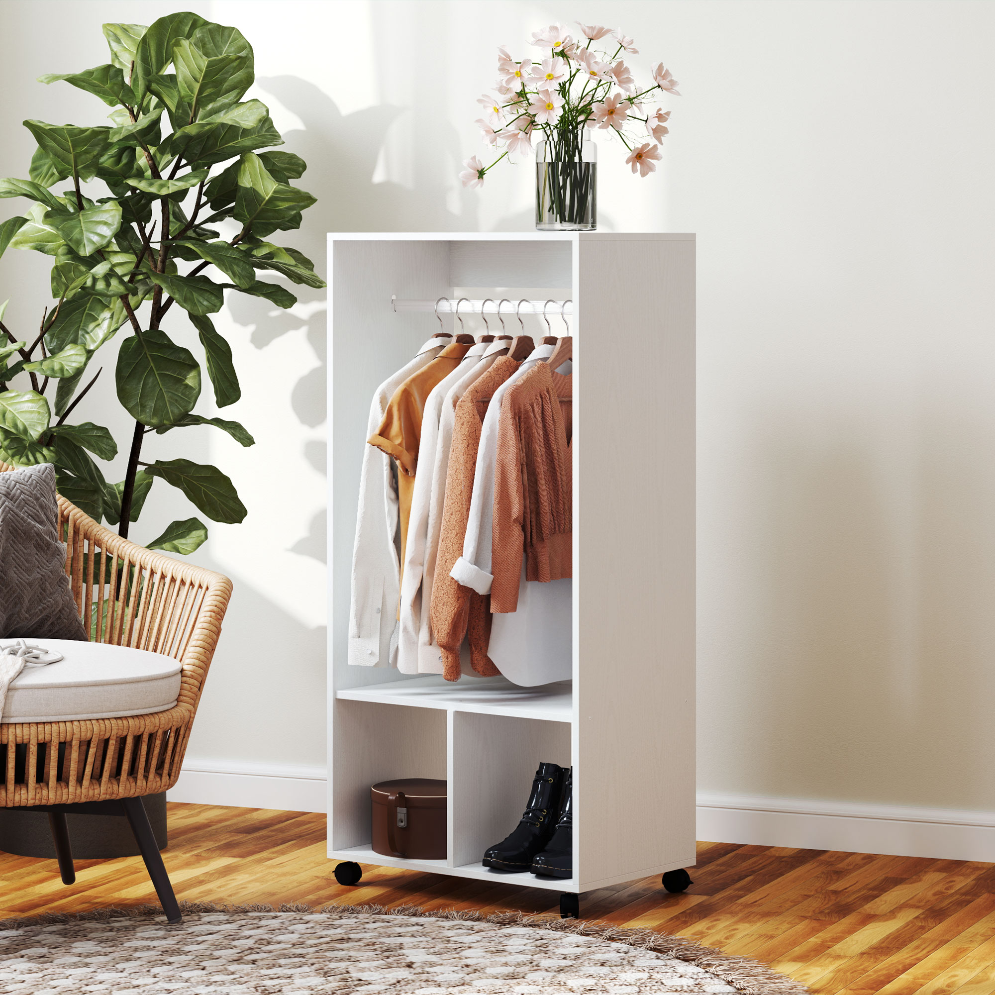 Kleiderschrank Garderobe,60 cm x 40 cm x 127 cm, 1 Kleiderstange, 2 Regale, Weiß