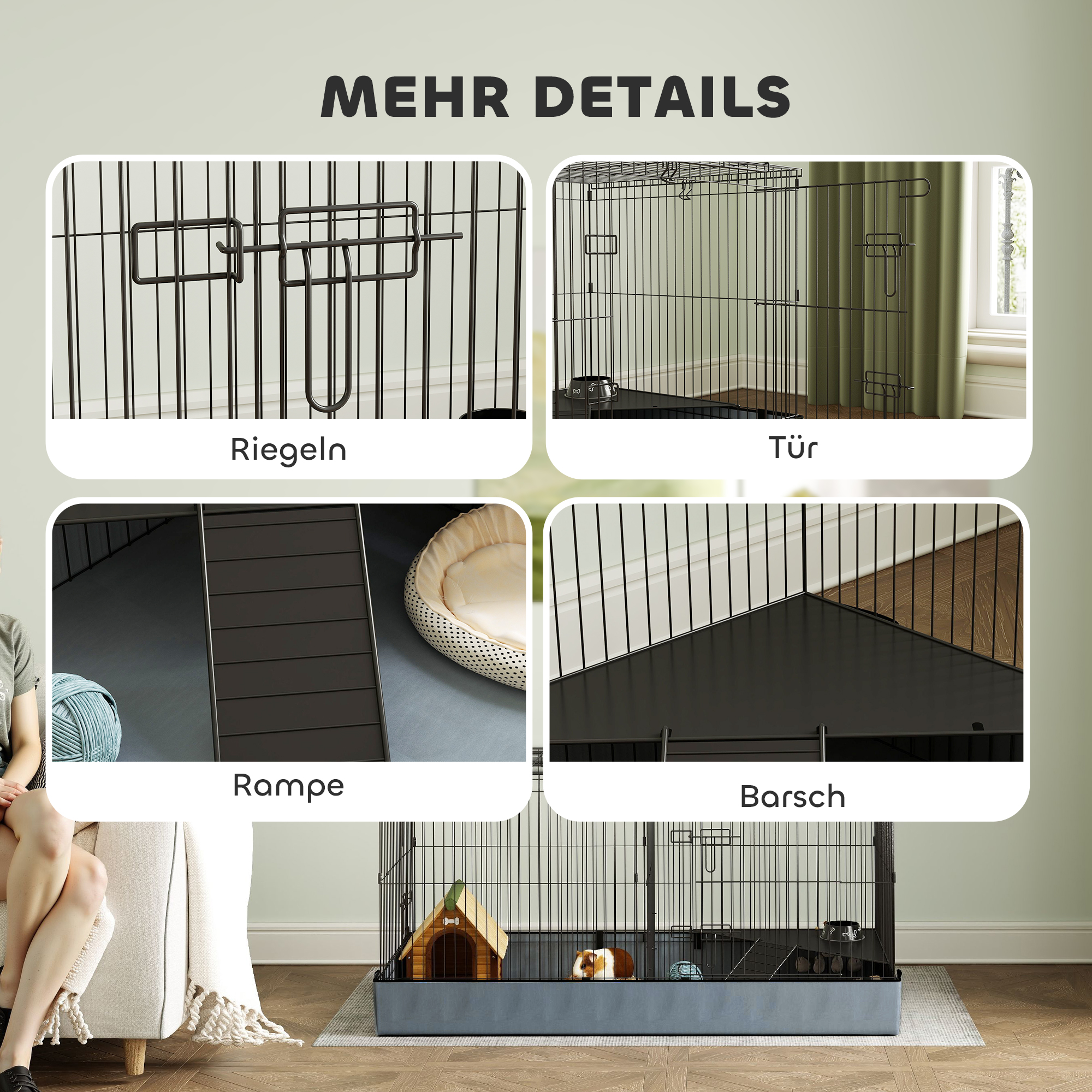 2-in-1-Zwerghamsterkäfig, Kleintierkäfig, Stoffboden, Sitzstangen, Rampe, Schwarz