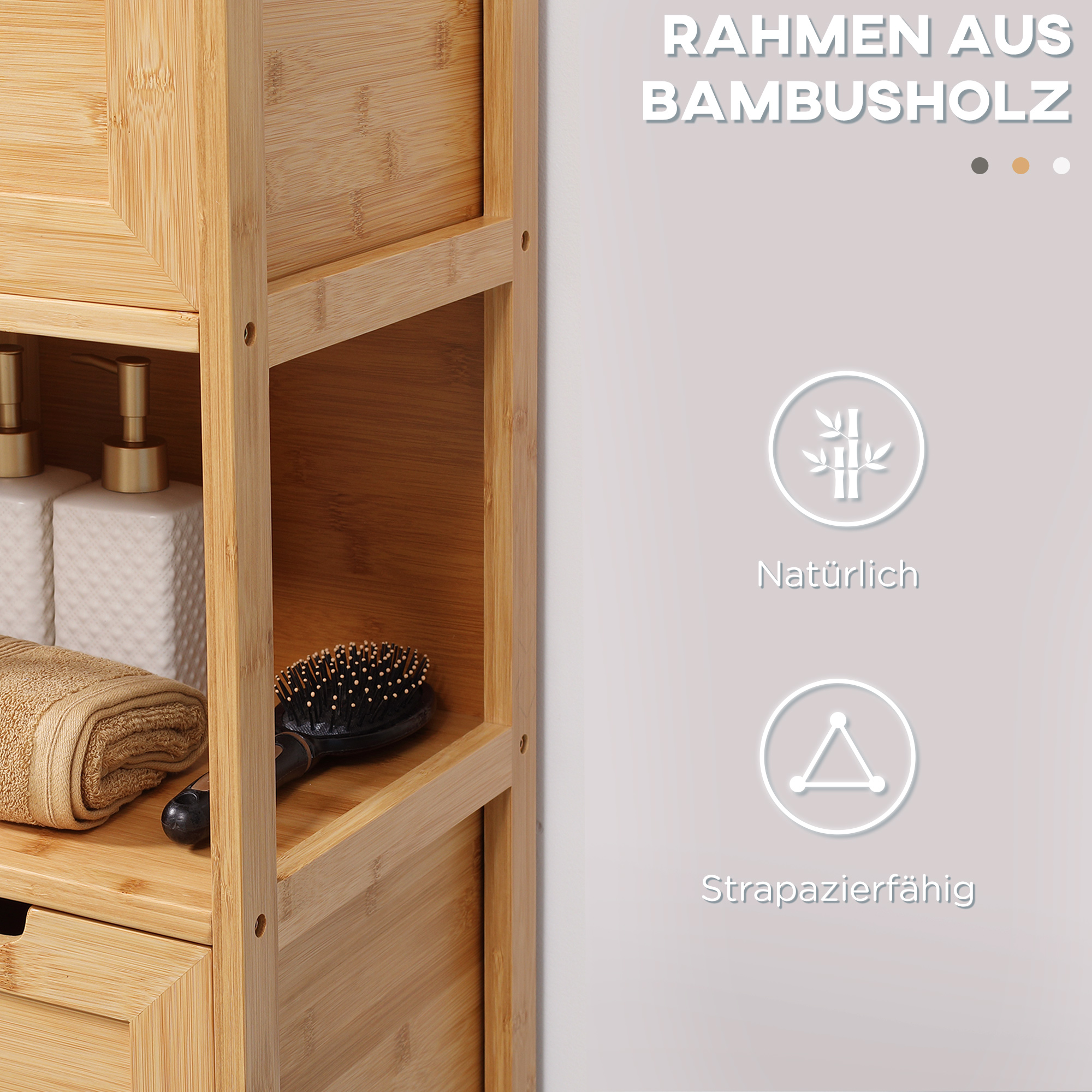Badezimmerschrank aus Bambus, 1 Regal, 2 Schubladen, 30 cm x 30 cm x 90 cm; Natur