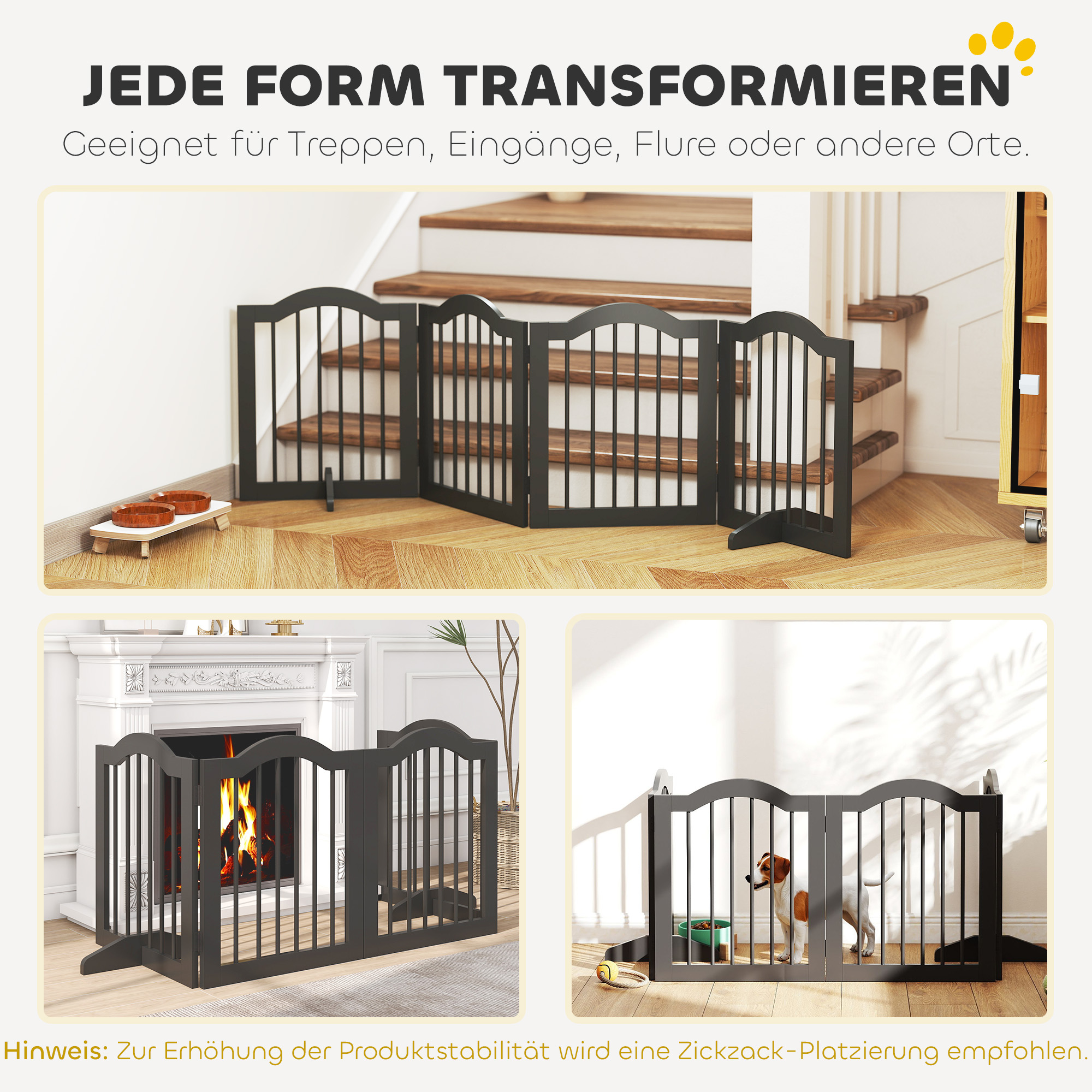 Absperrgitter Hund Freistehendes Schutzgitter mit Füßen, Klappbar Hundegitter, 4 Paneelen, 208 x 29,5 x 61 cm, Schwarz