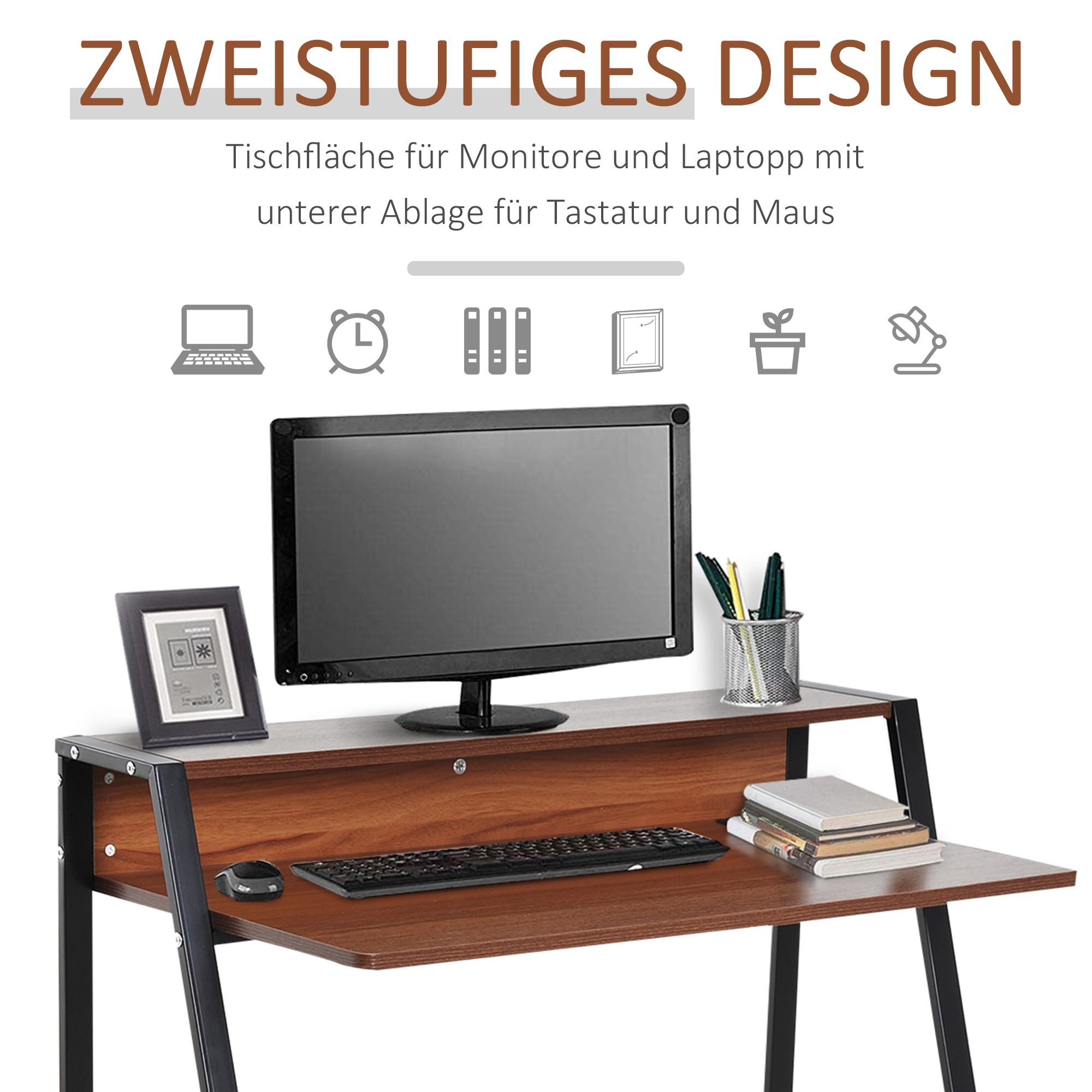 Schreibtisch, Computertisch mit Ablage und Kabel Management, moderner Schreibtisch mit Metallgestell für Arbeitszimmer, Schlafzimmer, Home Office, 84 x 45 x 85 cm, Walnuss+Schwarz