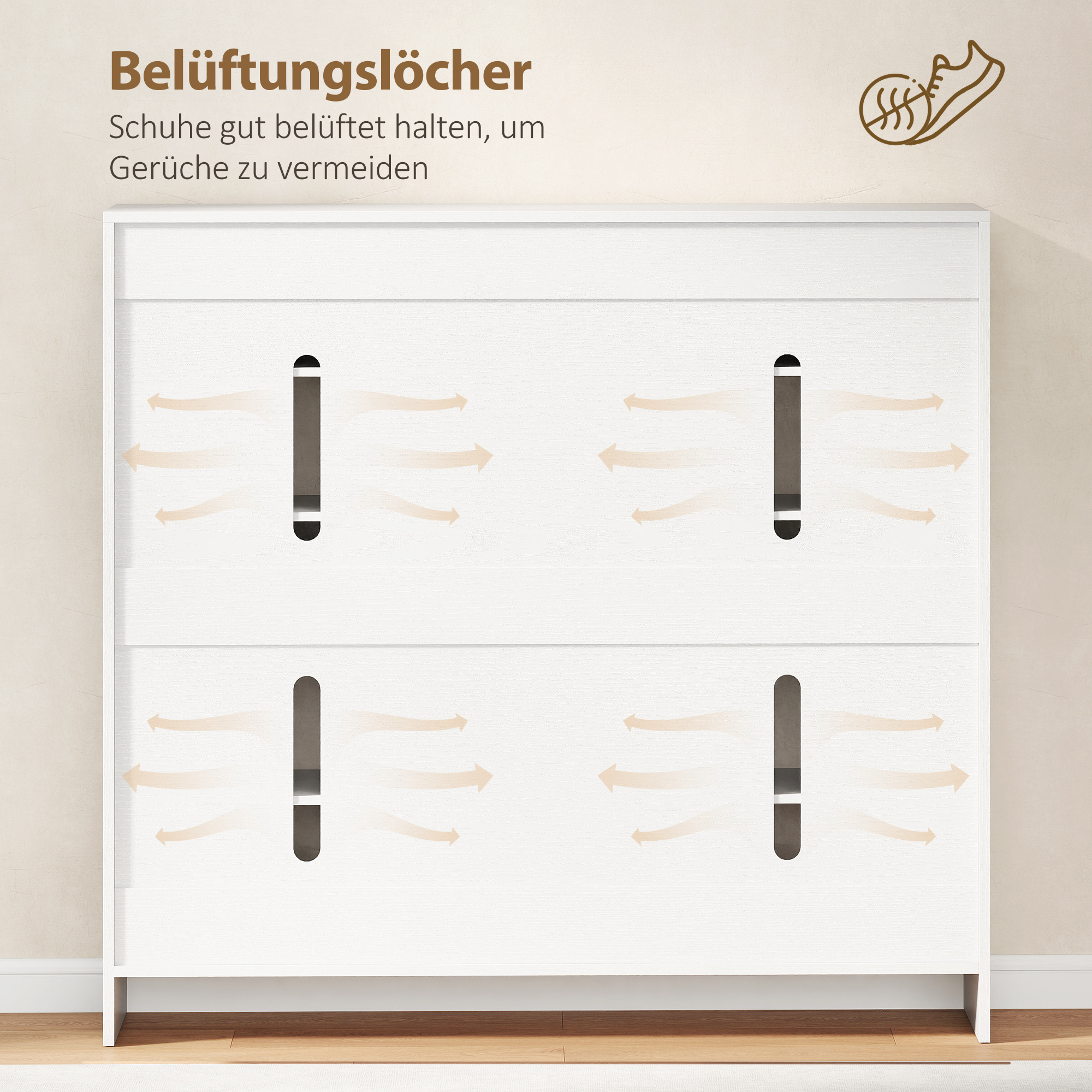 Schuhschrank mit 10 Regalen für 25-30 Schuh-Paare, Lüftungslöcher, Soft-Close-Türen, Holz, Weiß