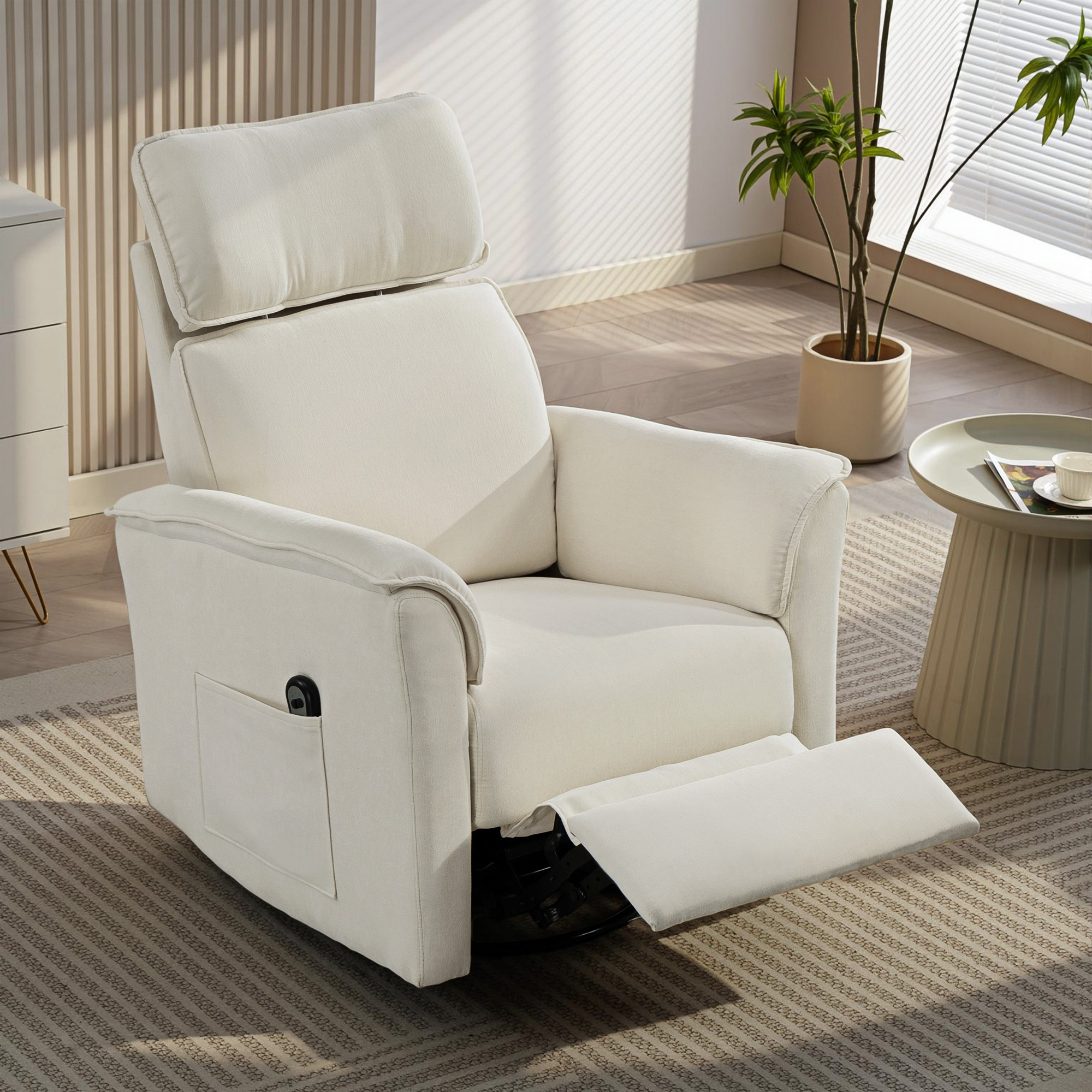 Relaxsessel Elektrisch mit Liegefunktion, Verstellbare Rückenlehne, Kopfstütze für Wohnzimmer Cremeweiß