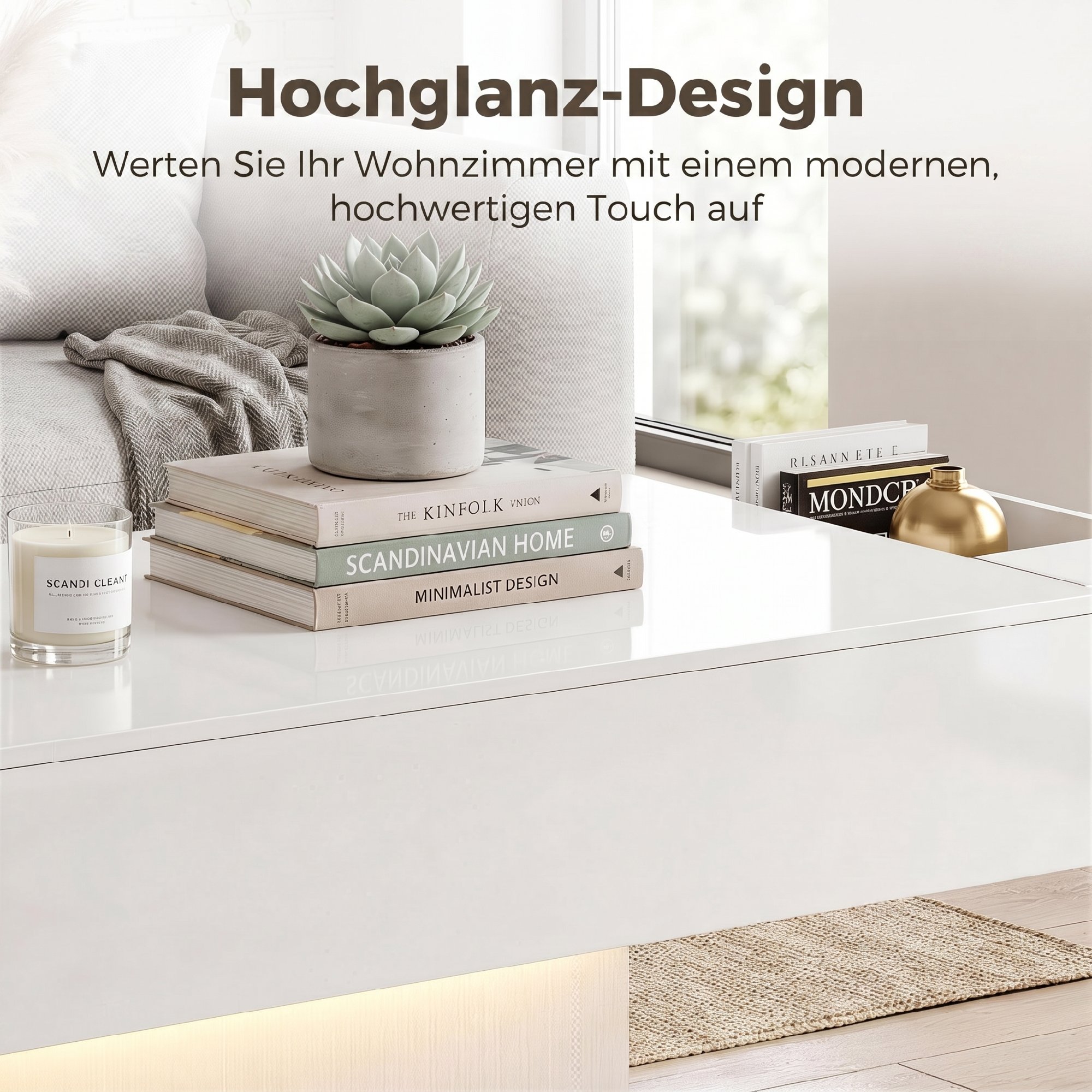 LED Couchtisch mit Stauraum, Hochglanz, Modern, 2 Schubladen & Fernbedienung, Weiß