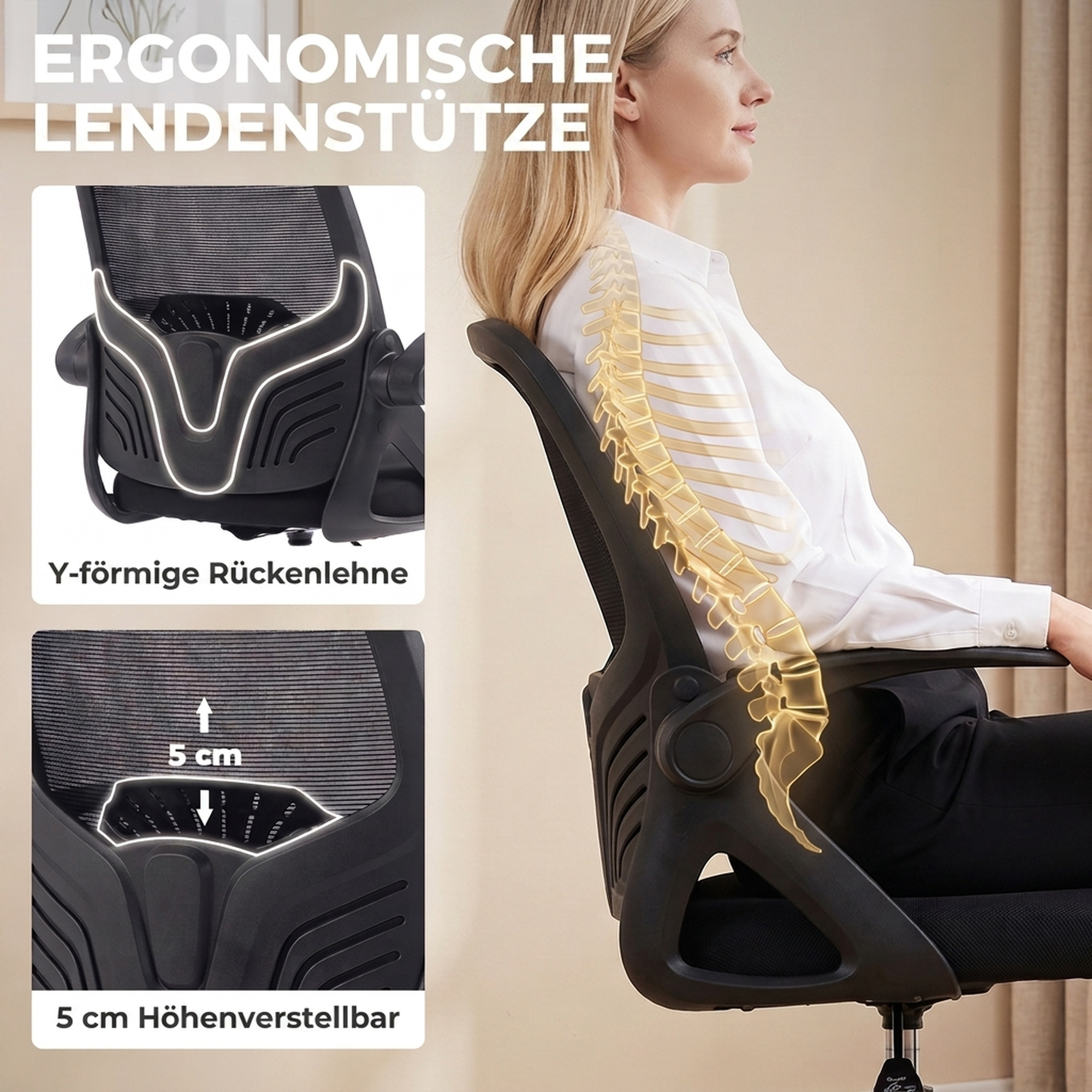 Zeichenstuhl mit verstellbarer Lendenstütze, Drehfunktion, Netzbezug, klappbaren Armlehnen, Höhenverstellung und Fußring, Schwarz