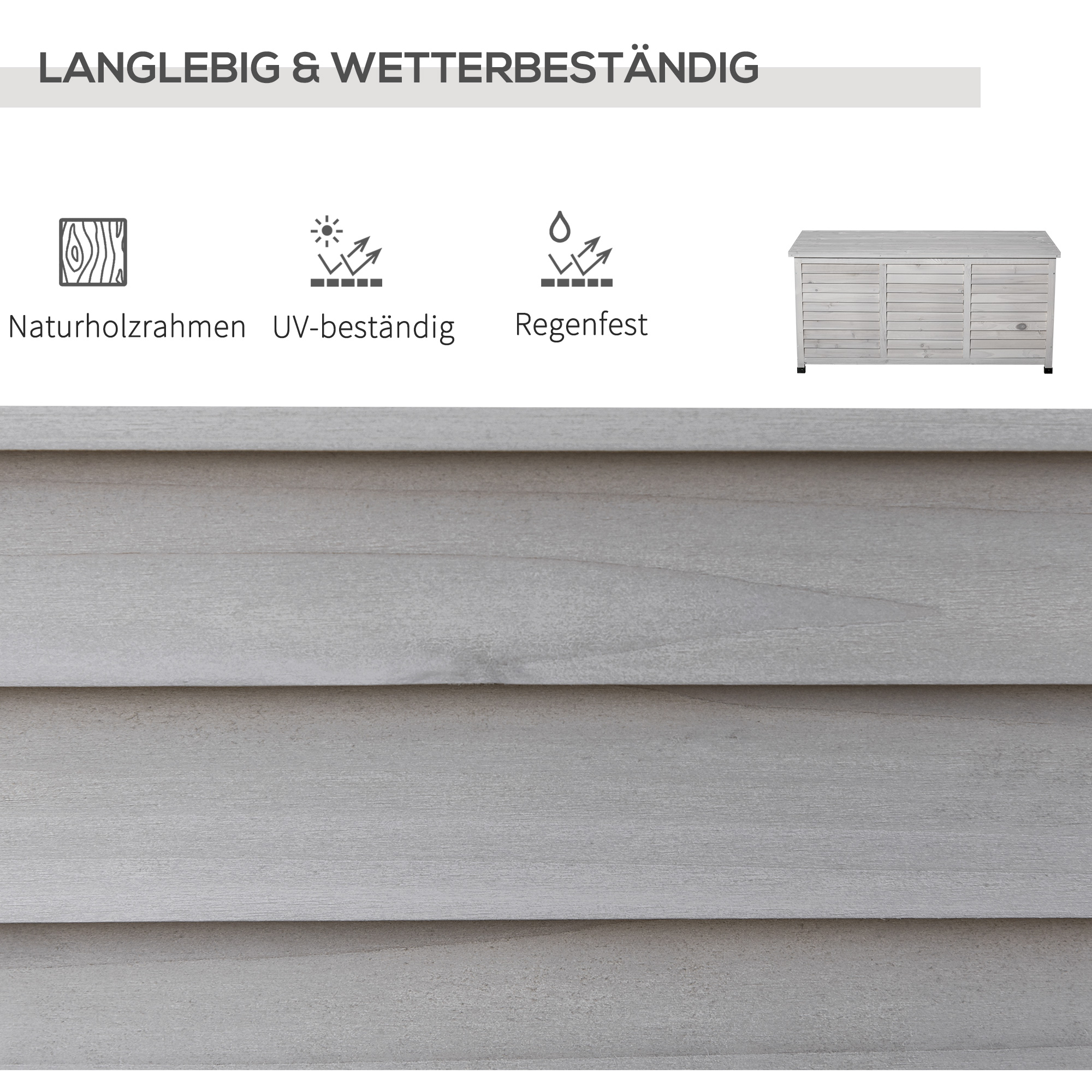 Gartenbox, wetterbeständig, luftdurchlässig, Kissenbox, Aufbewahrungsbox, Fichtenholz, grau, 127 x 56 x 60 cm