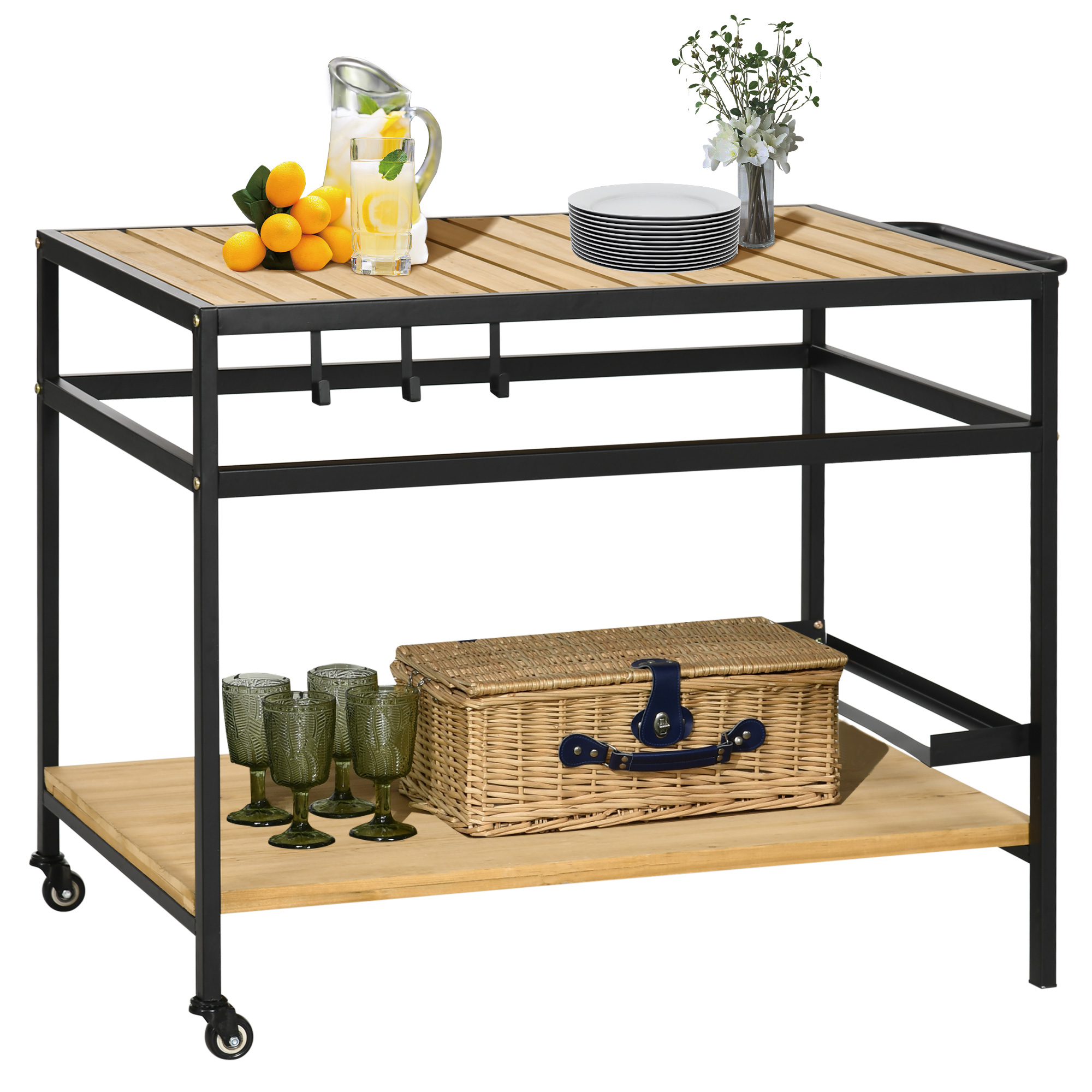 Servierwagen im Industrie-Design, wetterbeständig, 3 Haken, 1 Regal,107 cm x 65 cm x 80 cm, Schwarz +Natur