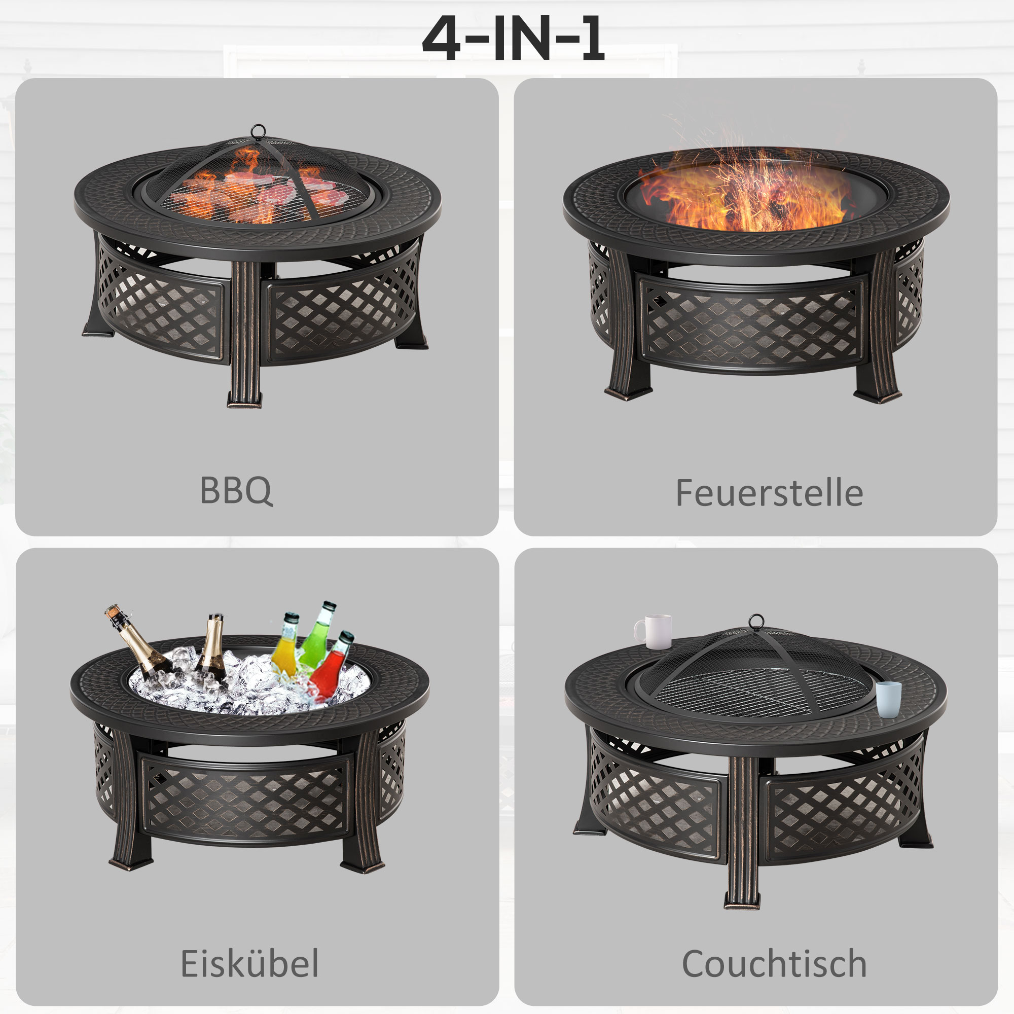 Feuerschale mit Schürhaken Funkenschutz Feuerkorb Feuertisch rund Feuerstelle für Garten Camping BBQ Stahl Schwarz 81 x 81 x 50 cm