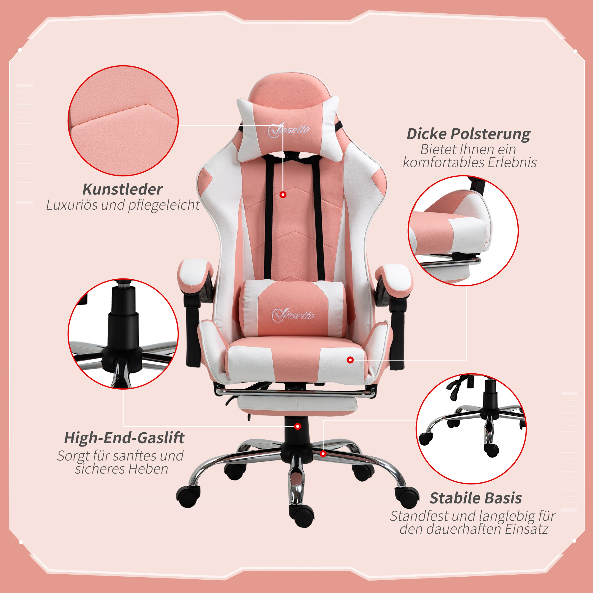 Gamingstuhl Computerstuhl Ergonomischer Bürostuhl Gamer Stuhl mit Kopfstütze Lendenkissen Bürostuhl höhenverstellbar 360°drehbar Schaumstoff Kunstleder PVC Rosa+Weiß 64 x 67 x 119-127 cm