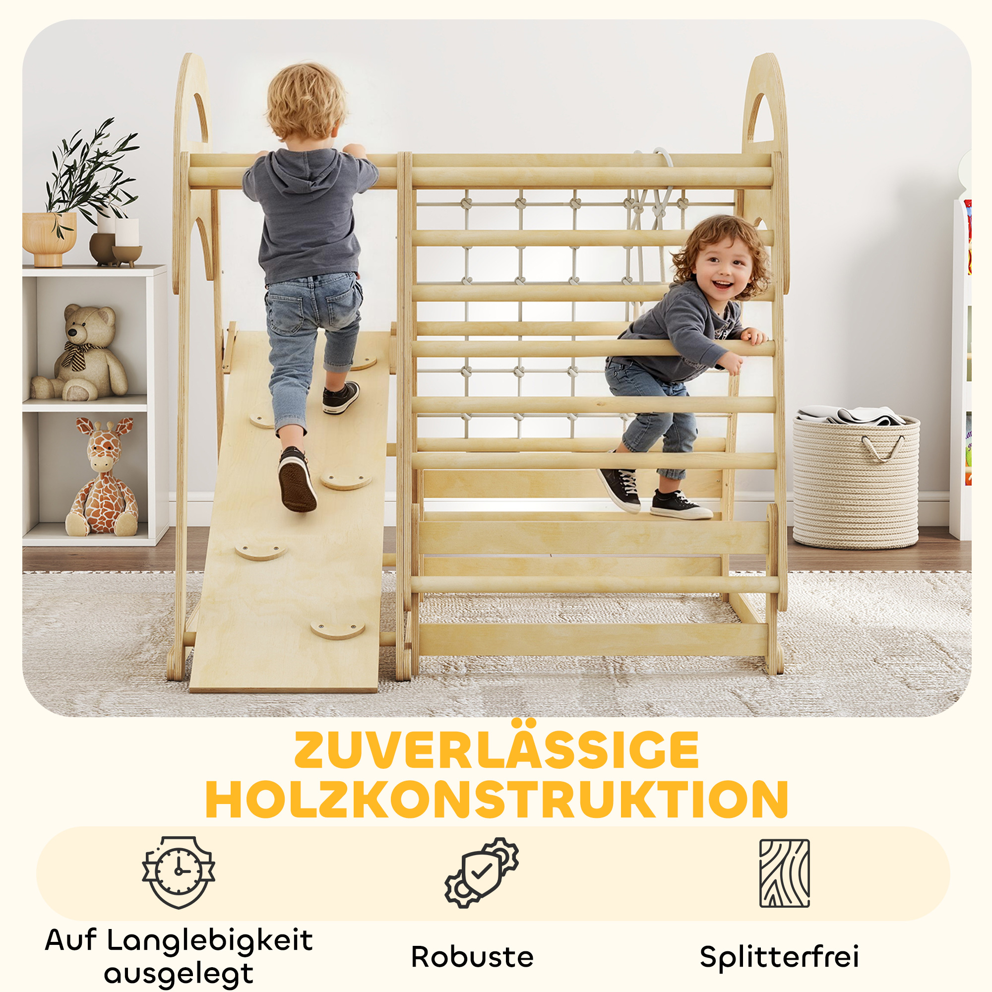 Indoor-Klettergerüst, 6-in-1 Design, Rutsche, Kletterstangen, Kletterwand, Leiter, Kletternetz, 3-6 Jahre, Holz