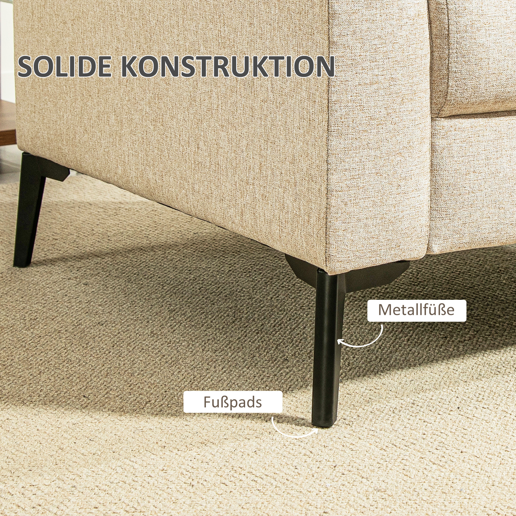 2-Sitzer Sofa mit Leinenoptik, dicke Polsterung, bis 360 kg, 179 x 80 x 89 cm, Beige