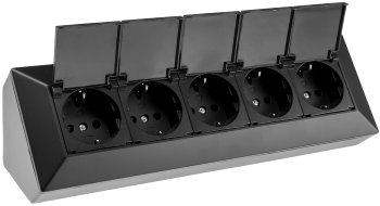 5-fach Steckdosenblock, schwarz, 250V~/ 16A, Aufbaumontage mit Klappen 5-fach Steckdosenblock, schwarz, 250V~/ 16A, Aufbaumontage mit Klappen