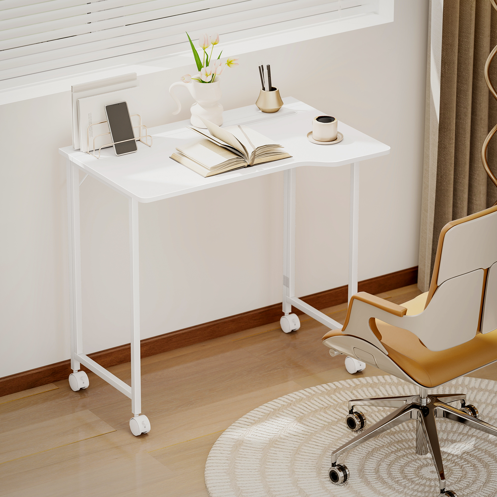 Schreibtisch, klappbarer Computertisch, platzsparender Bürotisch mit Rollen, Geräteschlitz, 80 x 52 x 75 cm, Weiß