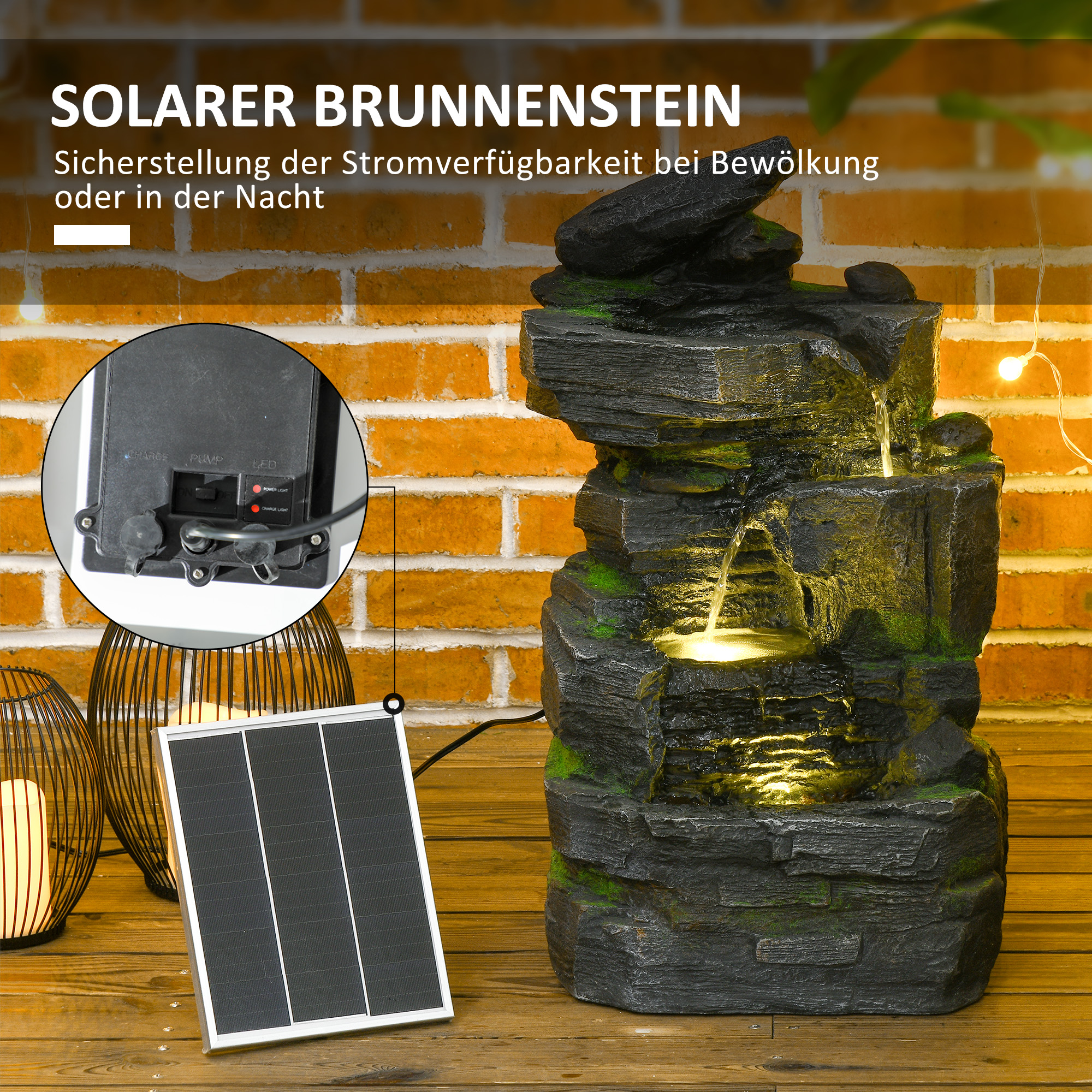 Gartenbrunnen, Steinoptik, 4-stufig, Solarbetrieb, LEDs, 57cm Höhe, Kunstharz, Grau/Braun