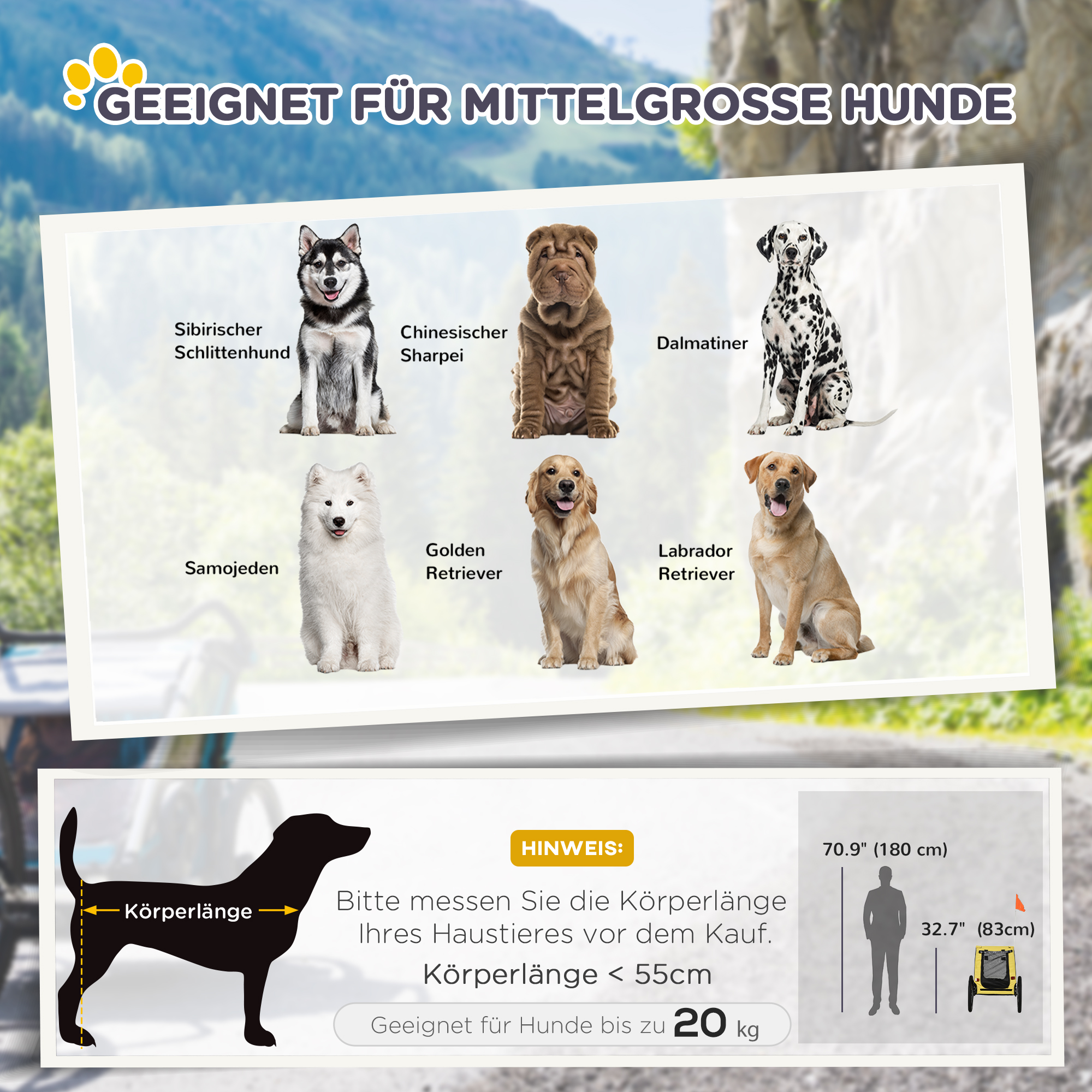 Hundeanhänger bis 20kg Netzfenster aufrollbare Abdeckung Universalkupplung Stahlrahmen gelb 140 x 71 x 83 cm