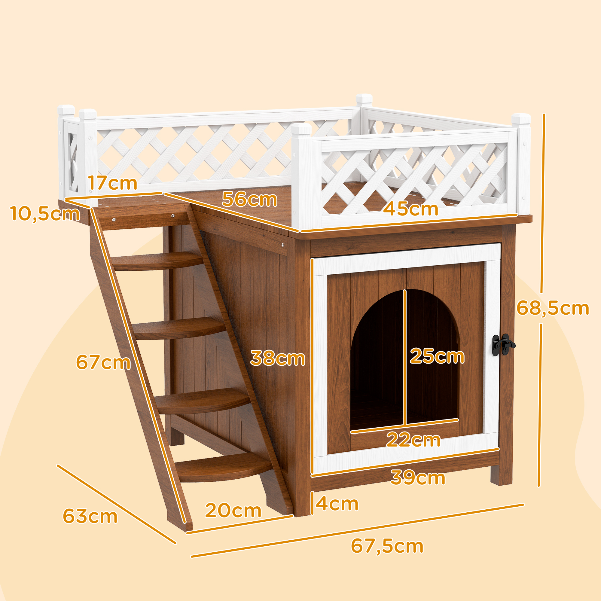 Katzenhaus, zweistöckig, mit Balkon und Treppe, für drinnen und draußen, für Katzen und Kaninchen, Tannenholz, Braun