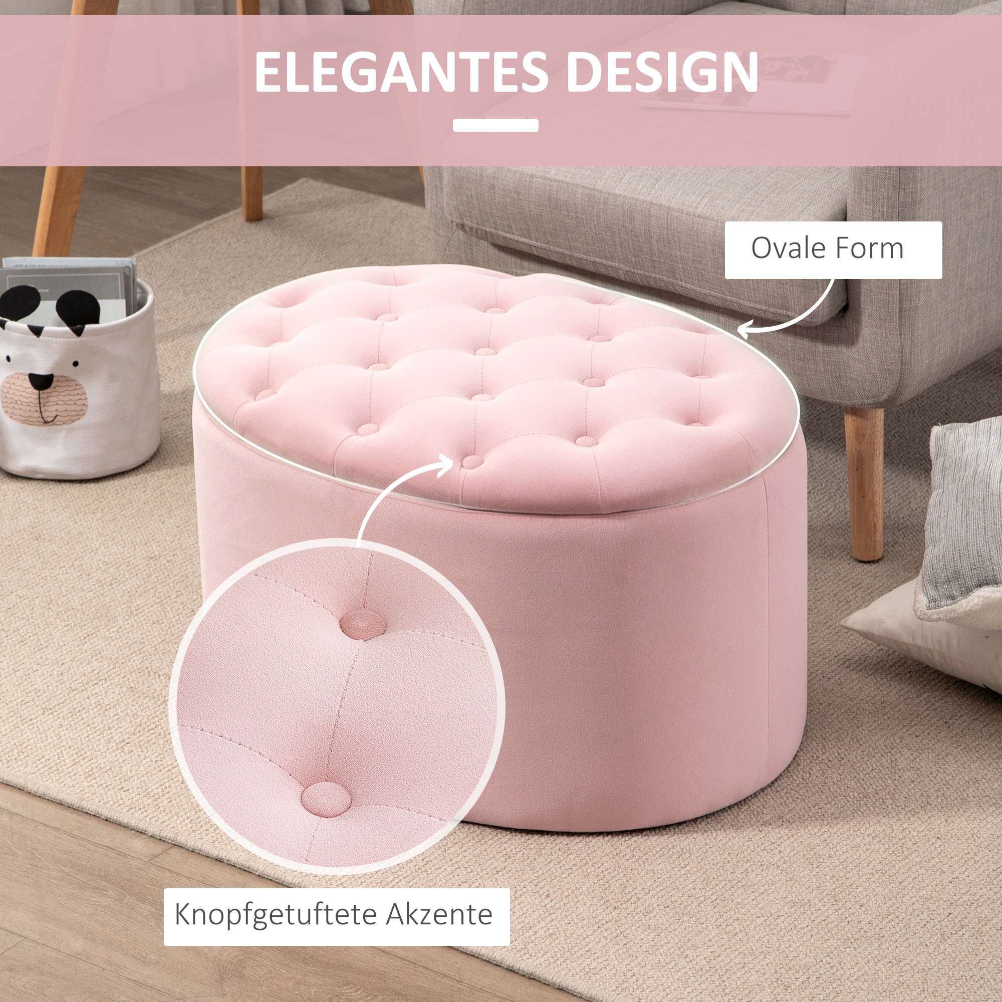 Sitzbank mit Stauraum Polsterbank mit Samtoptik, Sitztruhe Ovale Form, Truhenbank für Wohnzimmer Schlafzimmer Flur 71 x 52 x 42 cm, Rosa