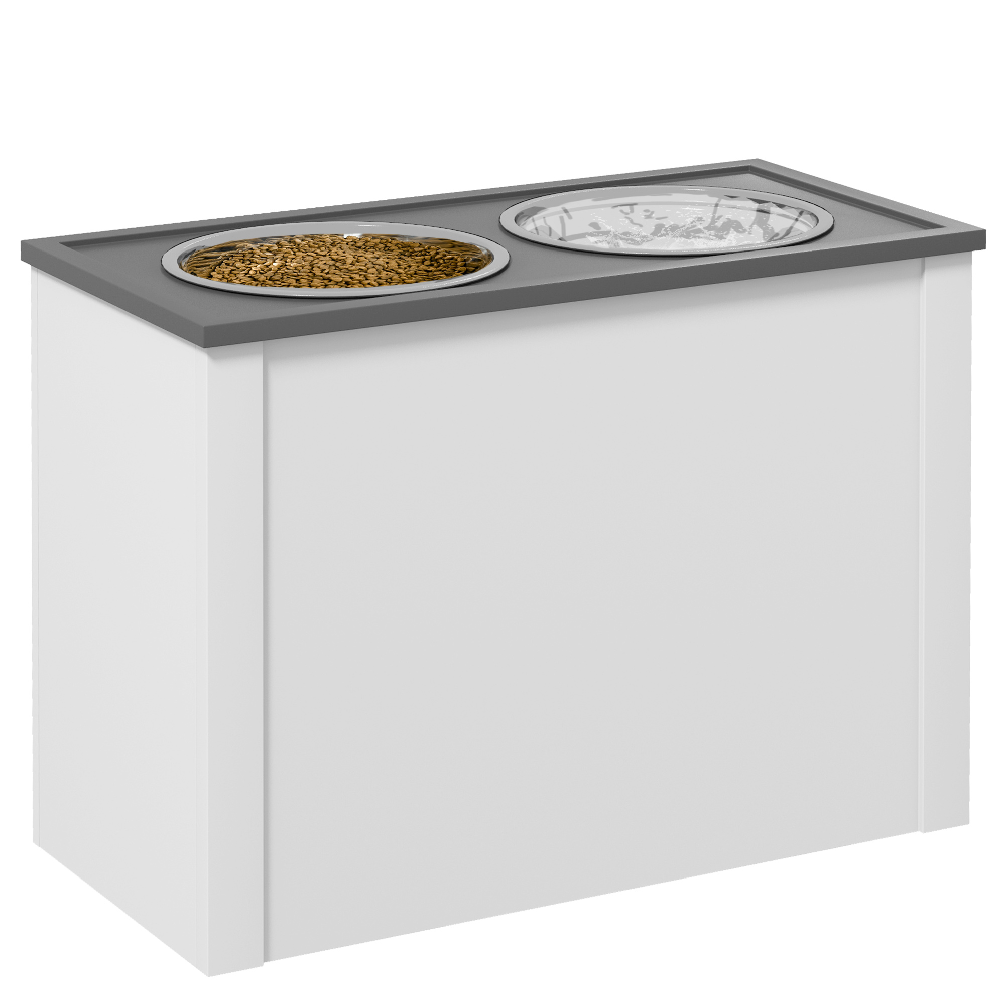 Futterstation erhöhte Fressnäpfe 1 Stauraum 2 Edelstahl-Futternäpfe, 60 x 30 x 42cm, Weiß + Grau