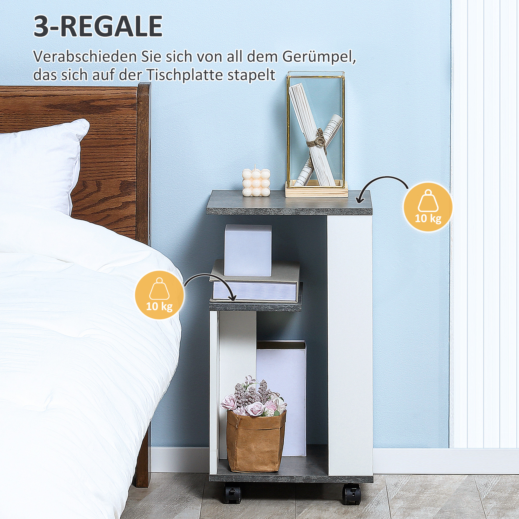 Nachtschrank, mit 4 Rollen, 3 Regale, 35 x 29,5 x 65,5 cm, Grau/Weiß