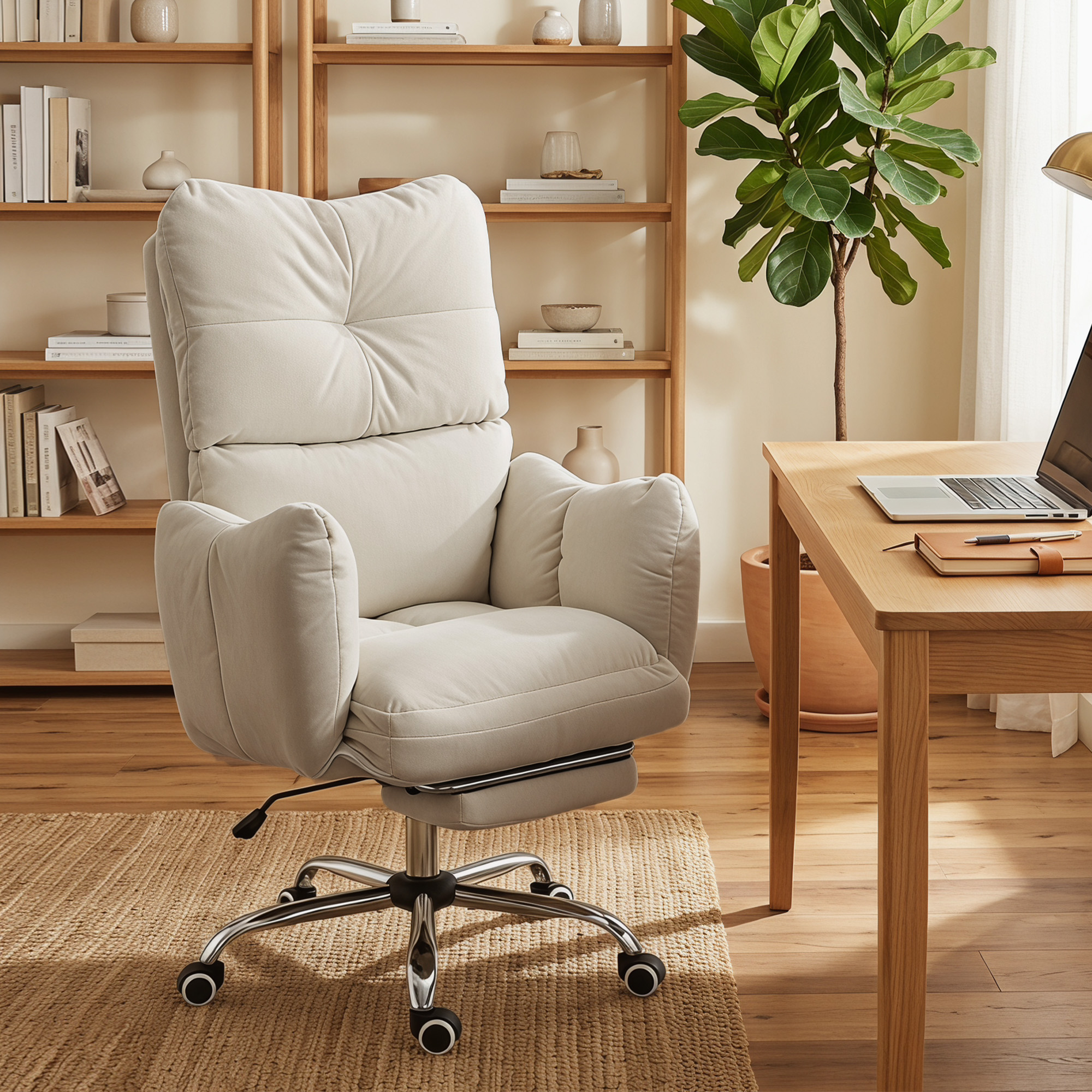 Bürostuhl mit Fußstütze, Ergonomischer Drehstuhl mit Wippfunktion, Verstellbarer Hohe Rückenlehne, Schneeflanellstoff