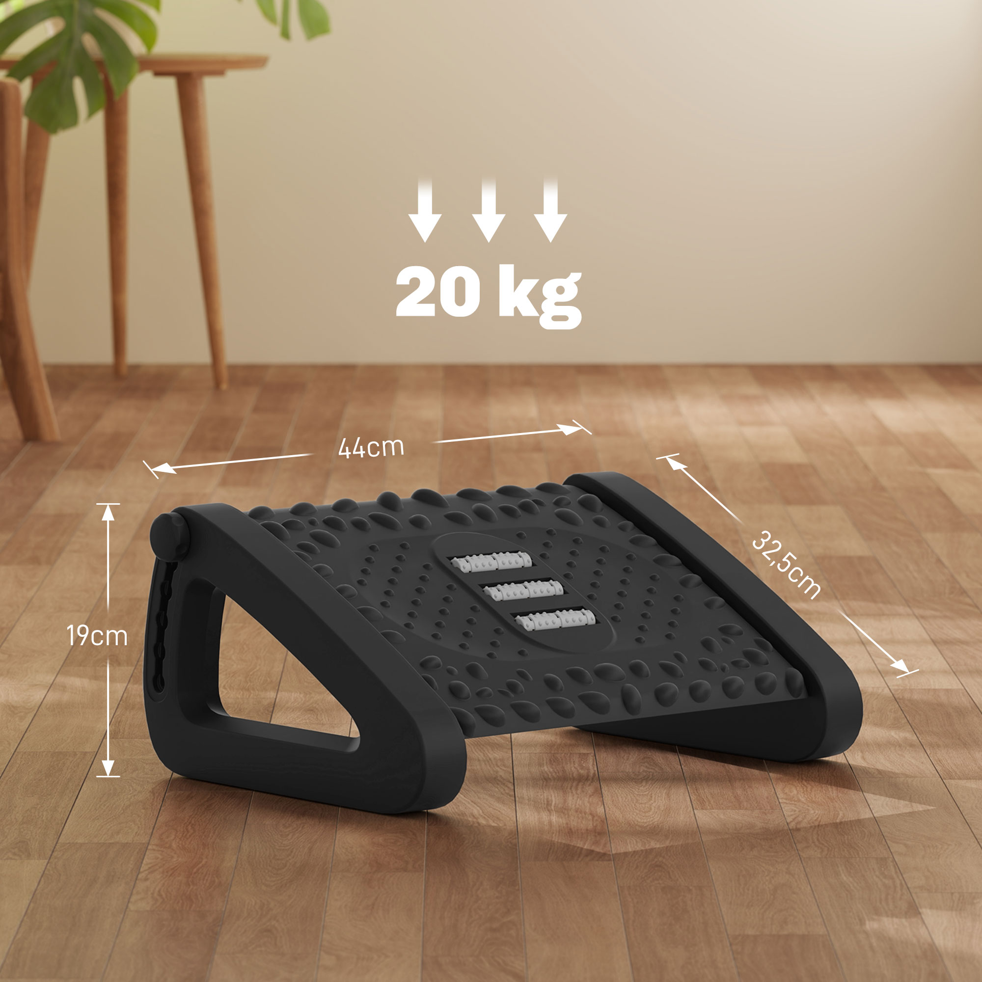 Fußstütze für den Schreibtisch, höhenverstellbarer Fußhocker mit Massage-Oberfläche und Rollen, Kunststoff, Schwarz