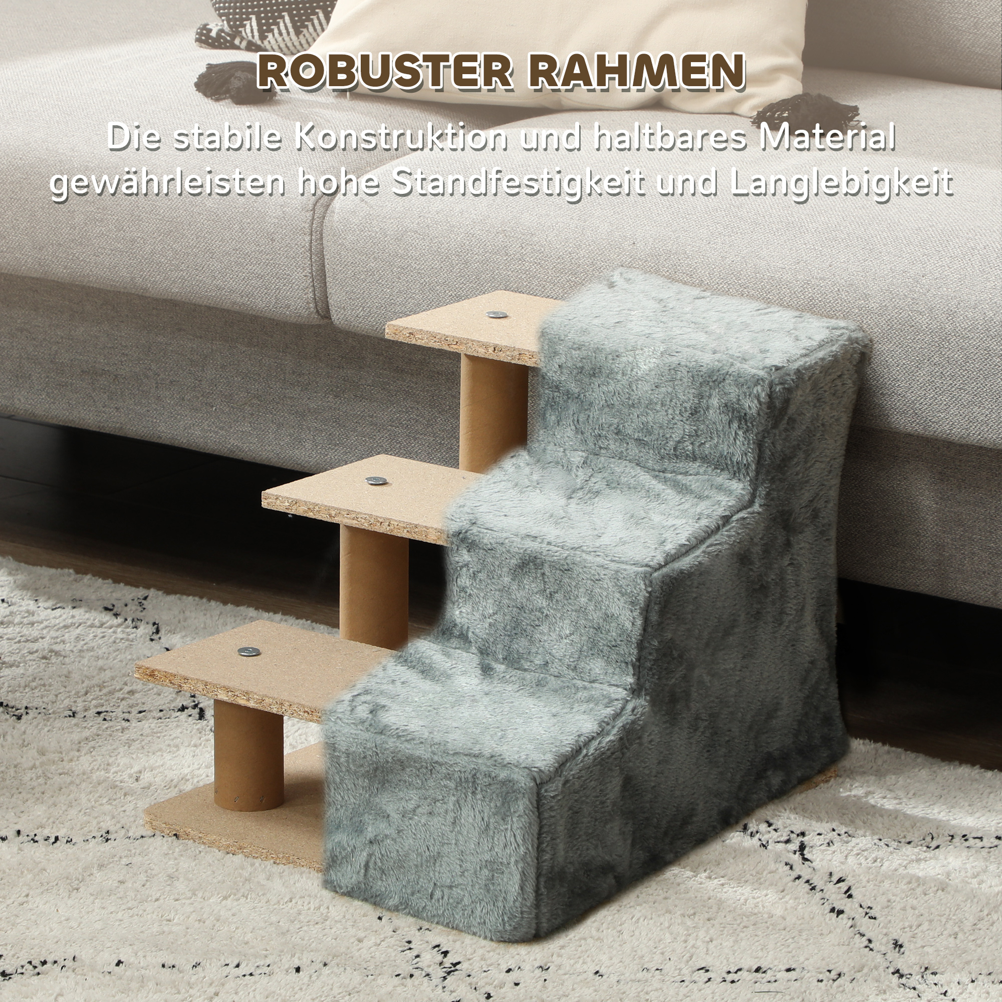 Faltbare Haustiertreppe, 3 Stufen, waschbarer Plüschbezug, Spanplatte, 46 x 35 x 35 cm, Hellgrau