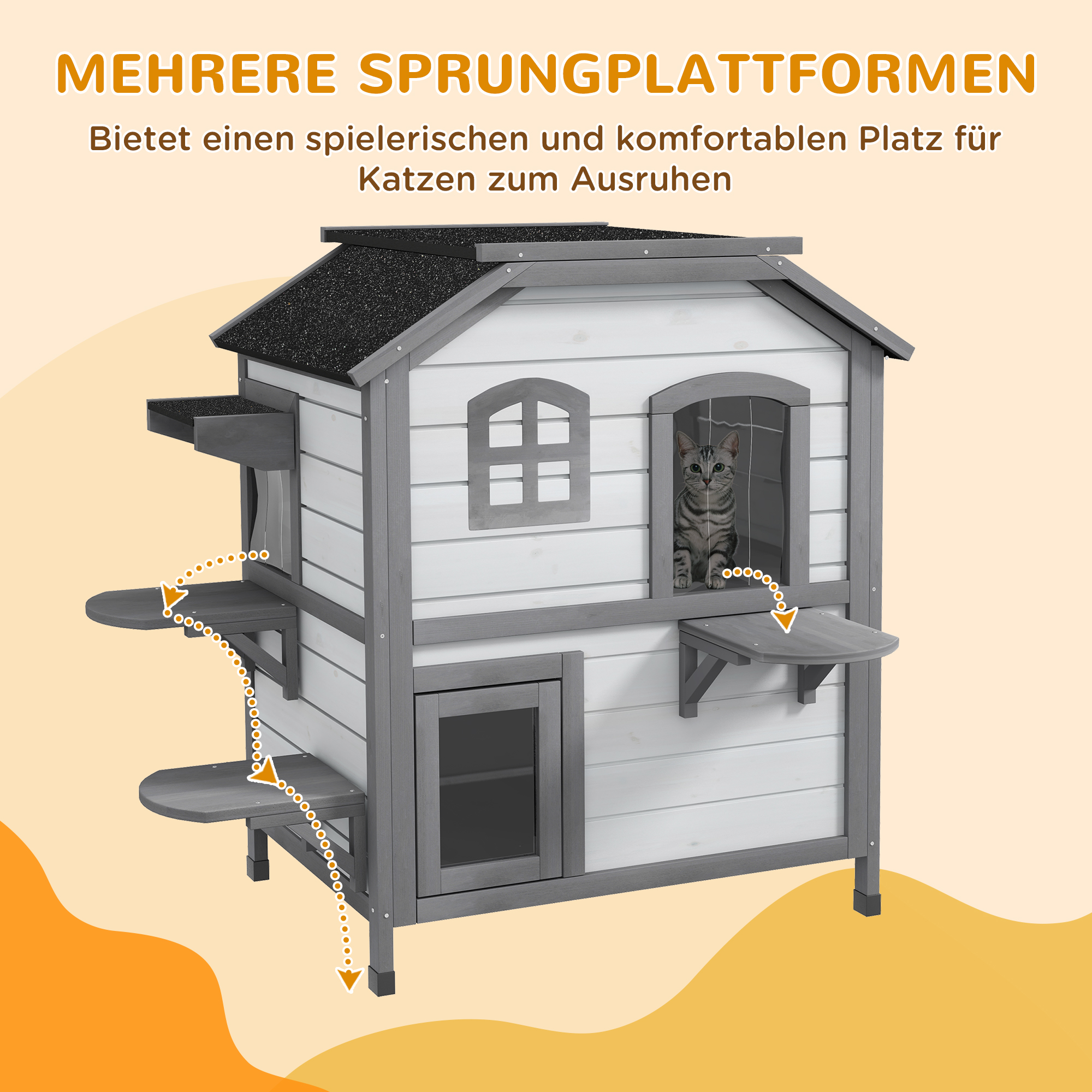 Katzenhaus Katzenhütte Katzenhöhle, 2 Stockwerke, wetterbeständig, 99,5 cm x 76 cm x 91 cm, Weiß + Grau